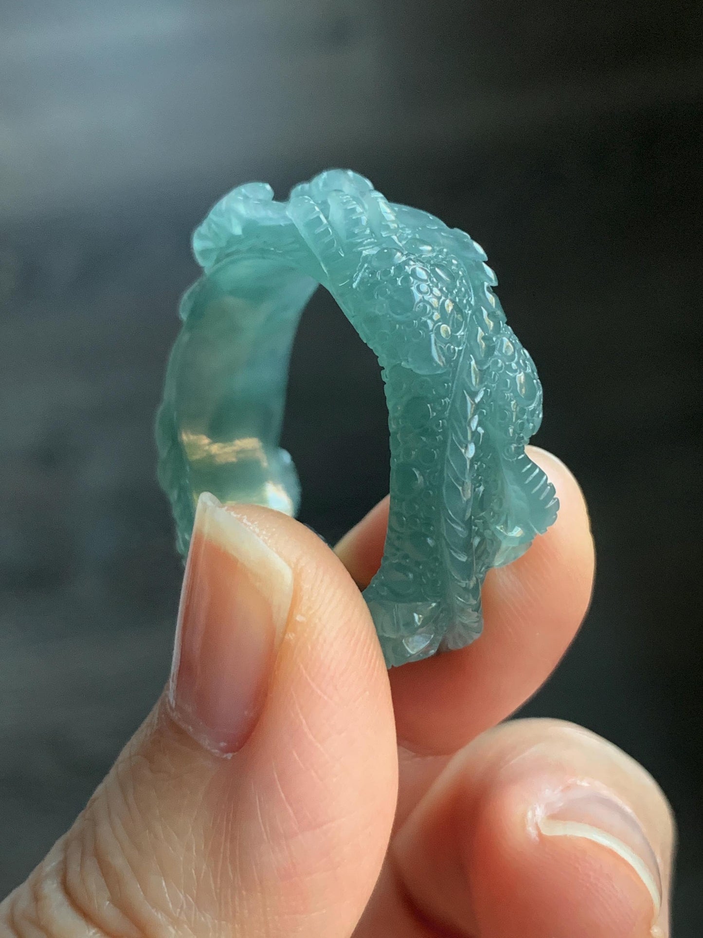 Certified Natural Guatemalan Premium Icy Translucent Teal Blue Jadeite Engraved Dragon Band Ring size 14 US 10.64g 天然冰胶起光危蓝翡翠盘龙戒圈戒指 3174