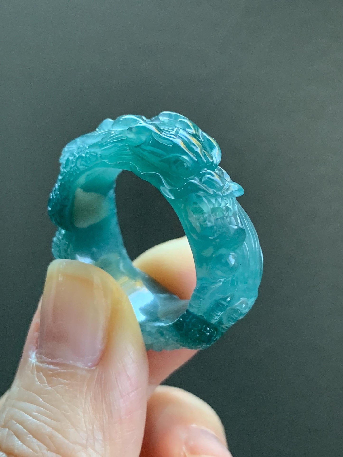 Certified Natural Guatemalan Premium Icy Translucent Teal Blue Jadeite Engraved Dragon Band Ring size 13 US 11.84g 天然冰胶起光危深蓝飘绿花翡翠盘龙戒圈戒指 3175