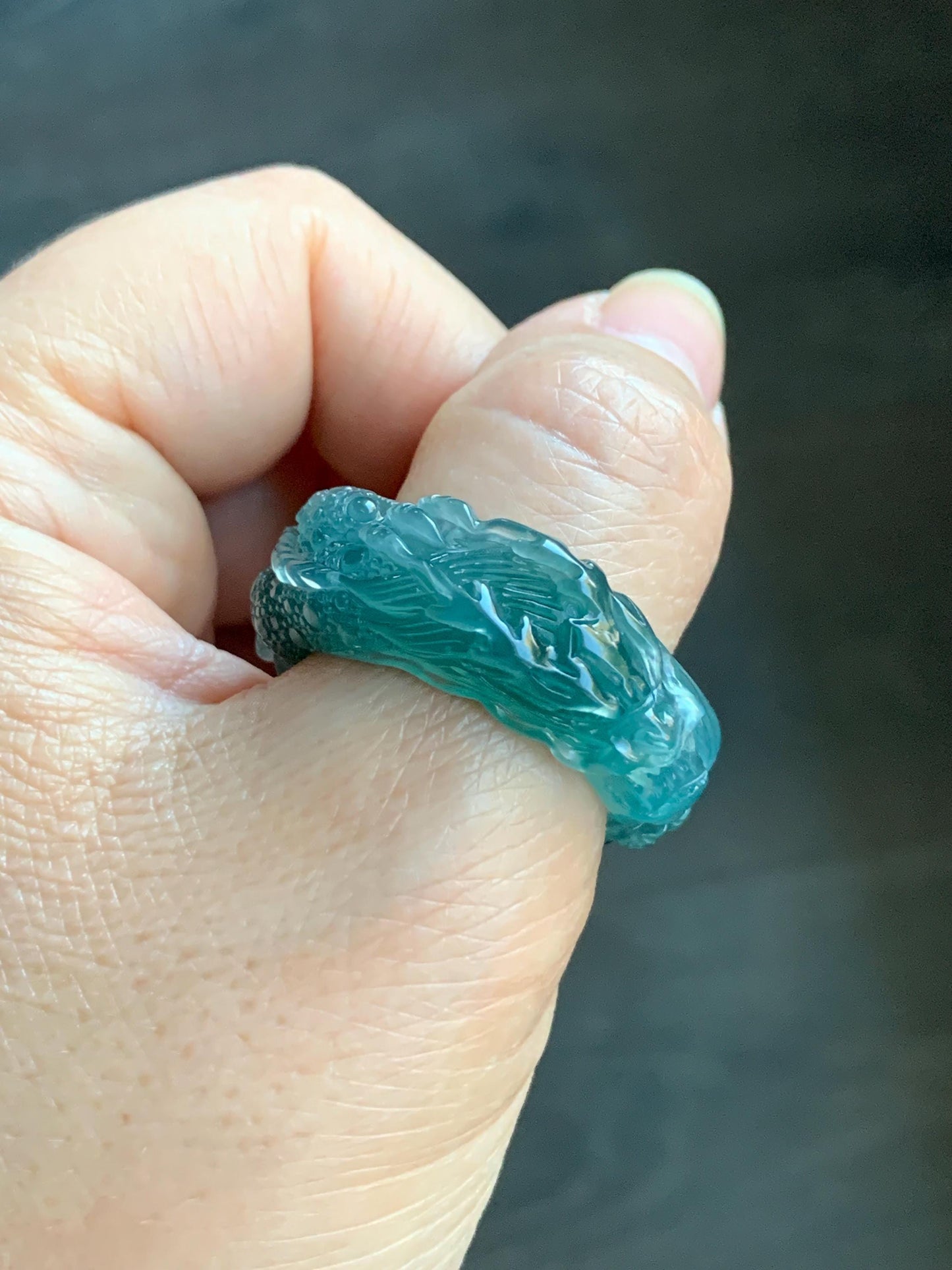 Certified Natural Guatemalan Premium Icy Translucent Teal Blue Jadeite Engraved Dragon Band Ring size 13 US 11.84g 天然冰胶起光危深蓝飘绿花翡翠盘龙戒圈戒指 3175
