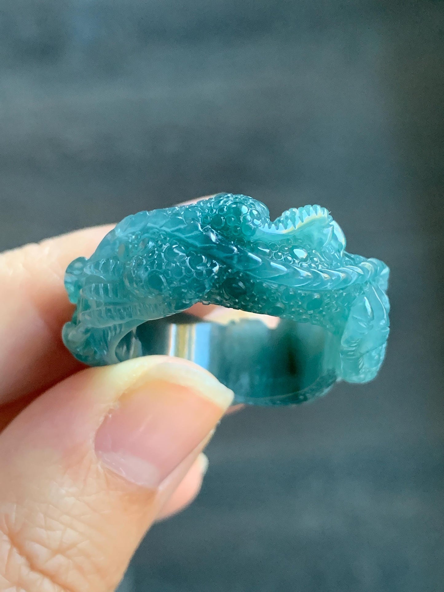 Certified Natural Guatemalan Premium Icy Translucent Teal Blue Jadeite Engraved Dragon Band Ring size 13 US 11.84g 天然冰胶起光危深蓝飘绿花翡翠盘龙戒圈戒指 3175