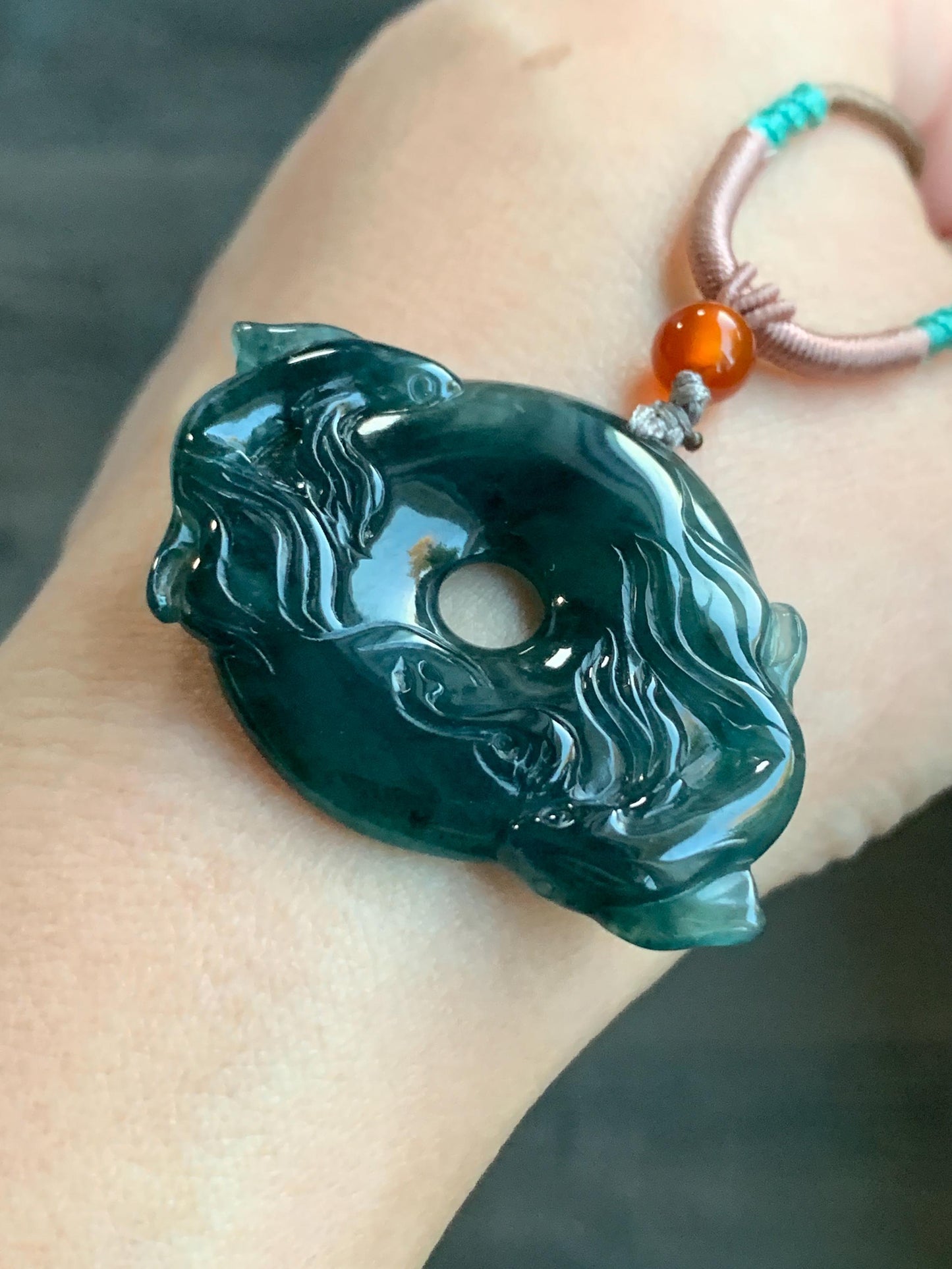 Natural Guatemalan Icy Translucent Dark Teal Green Jadeite Double Koi Fish Ping An Kou Donut Pendant Rope Necklace 26" 天然冰危深蓝绿翡翠双鱼平安扣吊坠