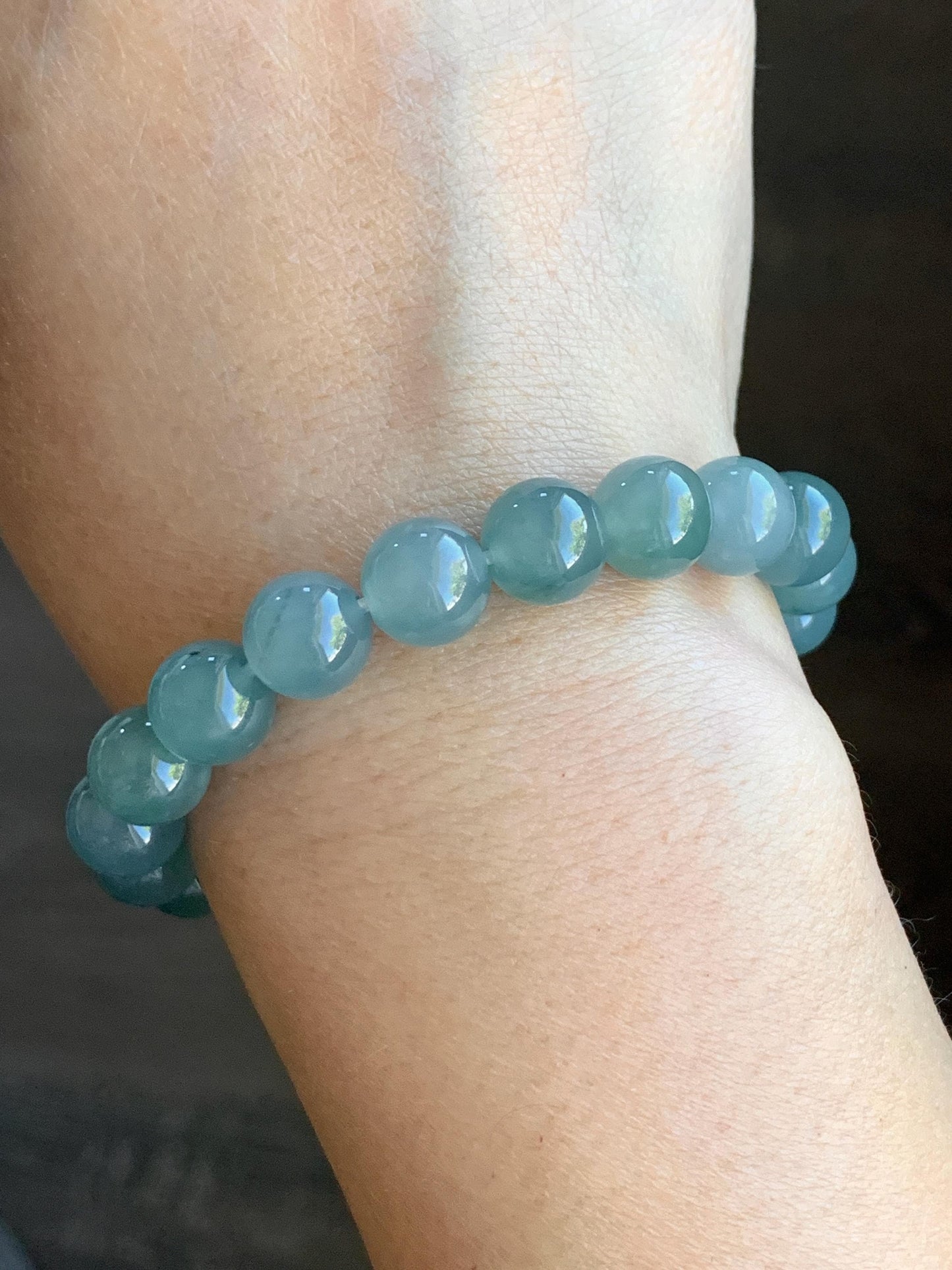Natural Guatemalan Icy Highly Translucent Light Teal Blue Jadeite Large Beads Beaded Bracelet Stretchy 9.6mm 7” 31g 天然冰危浅蓝绿翡翠圆珠手串 LMMD104