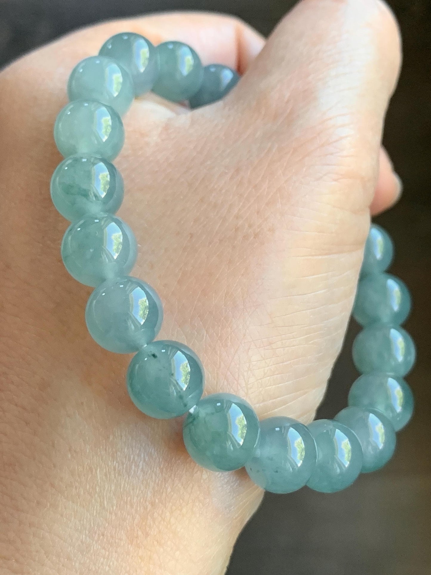 Natural Guatemalan Icy Highly Translucent Light Teal Blue Jadeite Large Beads Beaded Bracelet Stretchy 9.6mm 7” 31g 天然冰危浅蓝绿翡翠圆珠手串 LMMD104