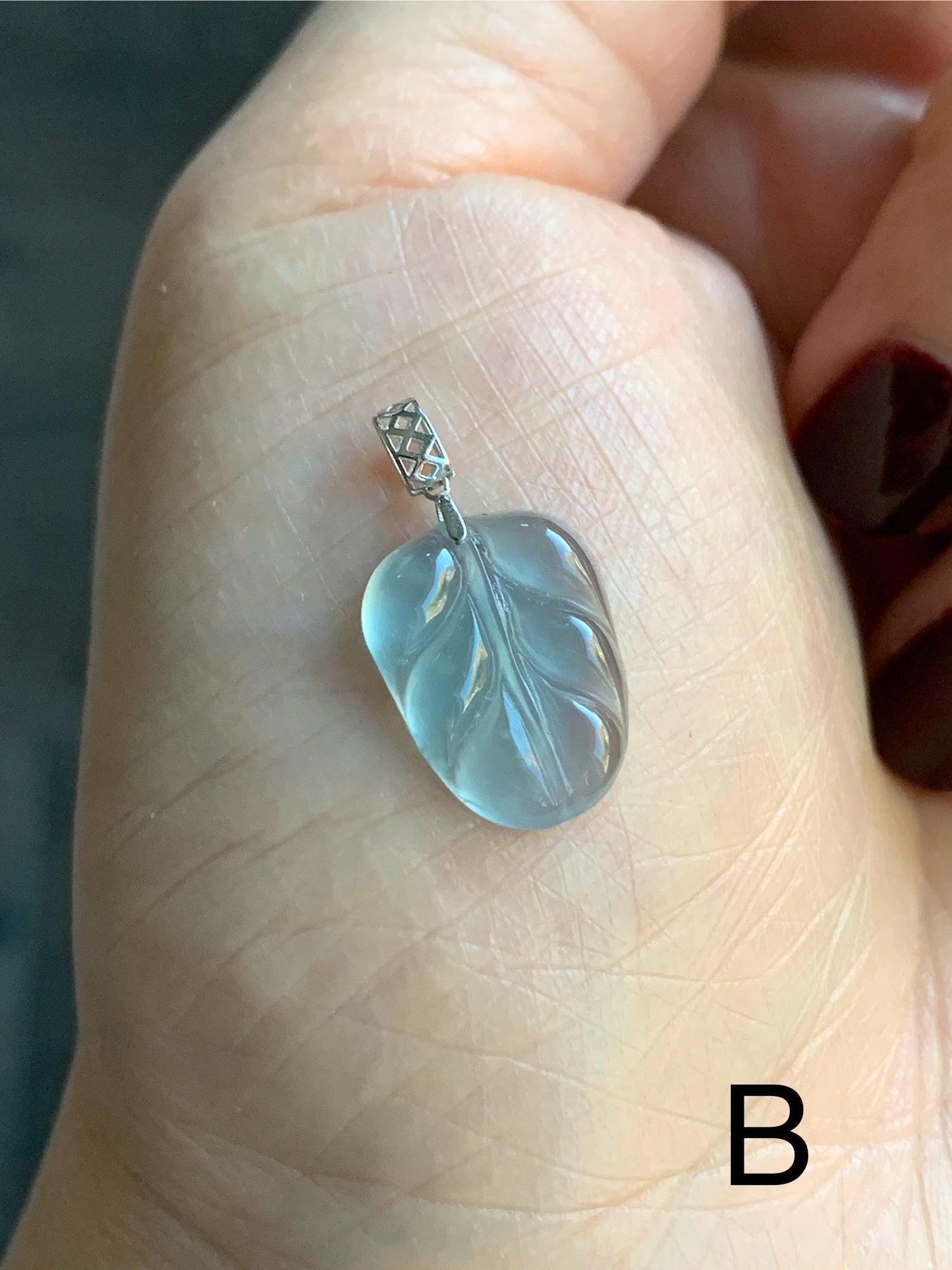 Petite Natural Guatemalan Premium Icy Highly Translucent Pale Blue Jadeite Leaf Pendant 18K White Gold 天然老种高冰危淡蓝翡翠叶子大业有成镶嵌吊坠 YDY712