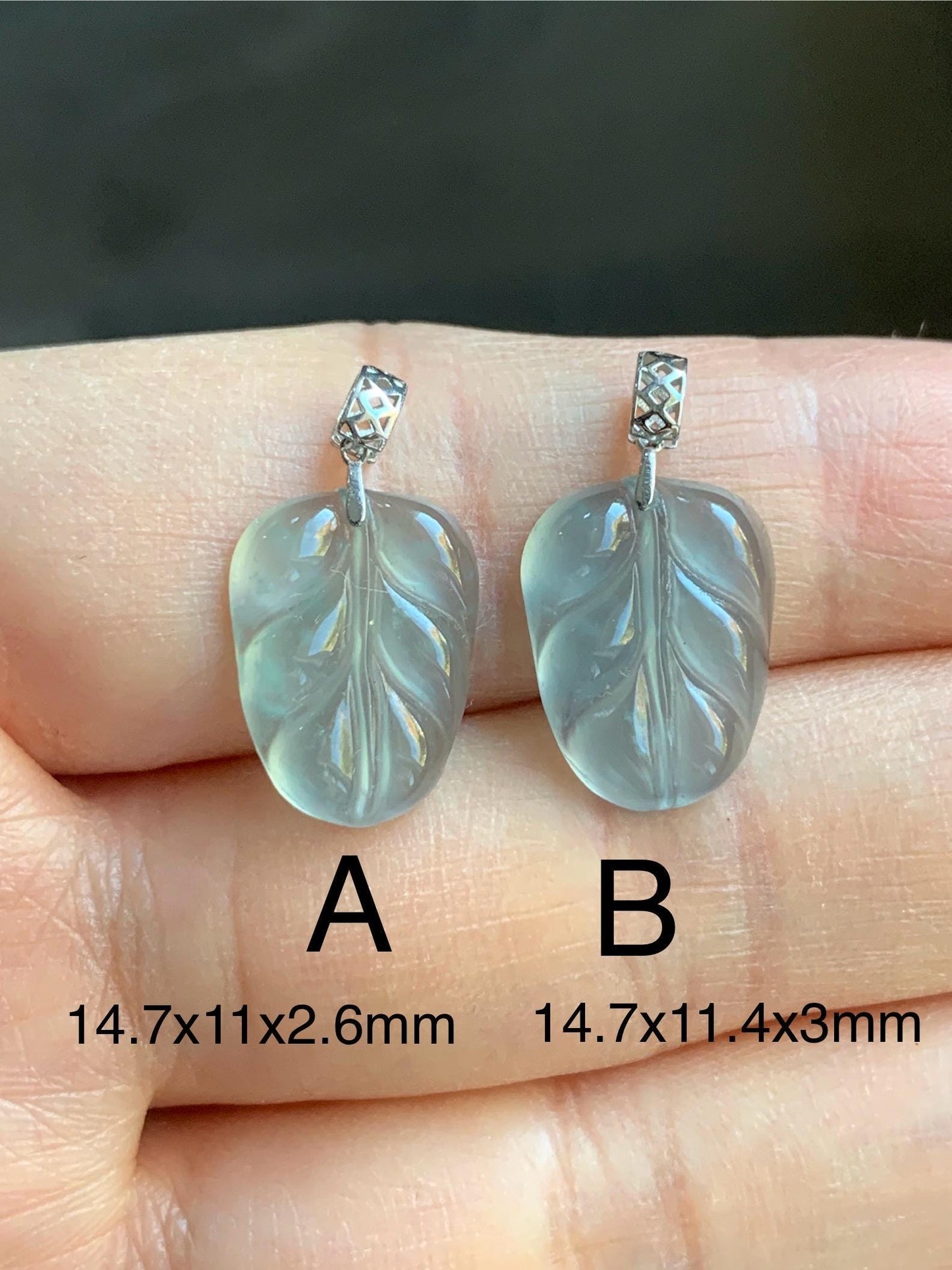 Petite Natural Guatemalan Premium Icy Highly Translucent Pale Blue Jadeite Leaf Pendant 18K White Gold 天然老种高冰危淡蓝翡翠叶子大业有成镶嵌吊坠 YDY712