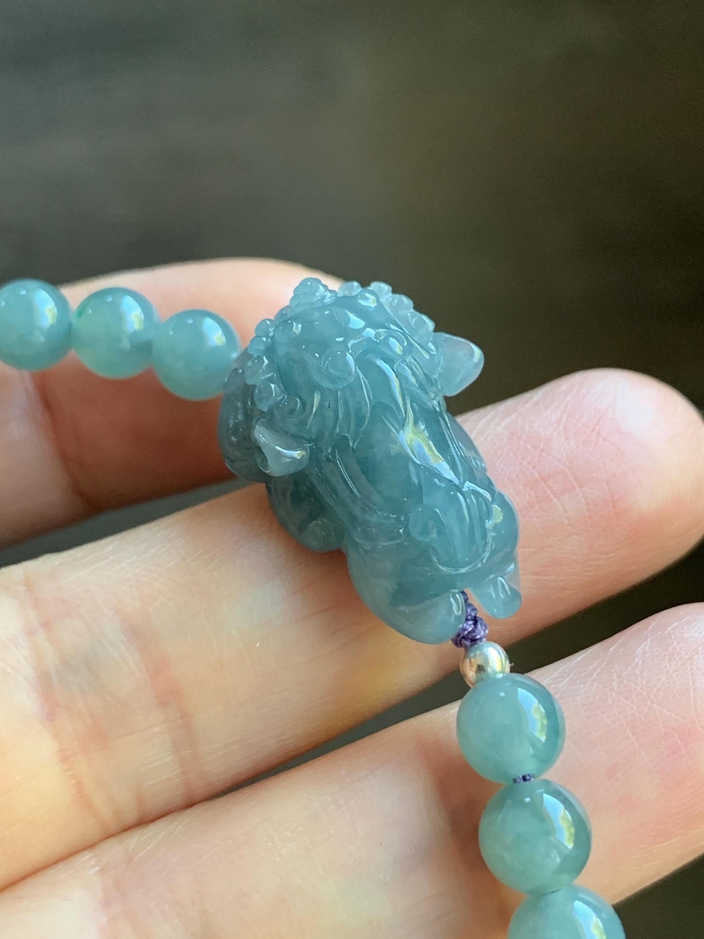 Natural Guatemalan Icy Translucent Light Dusty Blue Jadeite Carved Dancing Lion Beaded Bracelet Sterling Silver 6.75” 天然冰胶危浅蓝翡翠精工摆烂小醒狮手串