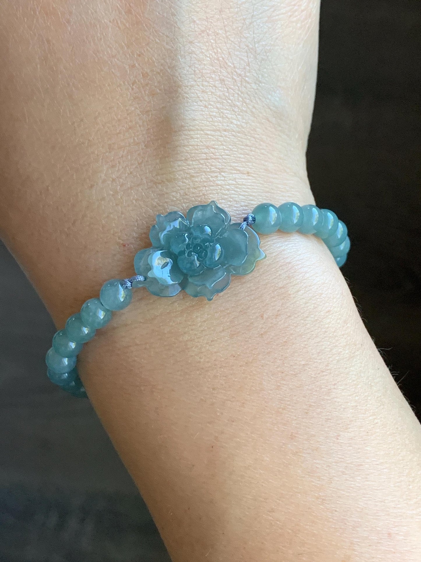 Certified Natural Burmese Icy Translucent Gelatinous Teal Blue Yellow Marbled Jadeite Lotus Flower Beaded Bracelet 7” 12g 天然冰危蓝翡翠莲花圆珠手串