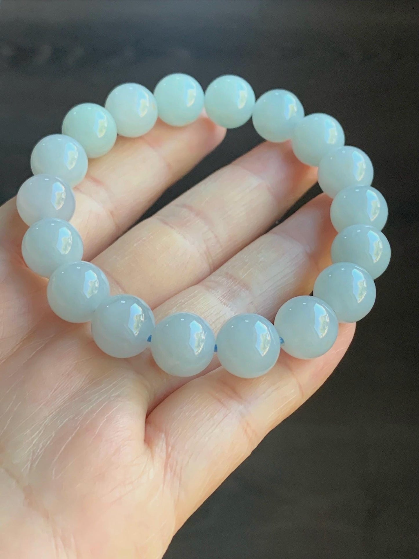 Certified Natural Burmese Icy Translucent Pale Blue Jadeite Large Beads Beaded Bracelet Stretchy 10.9mm 7.25” 40.79 天然缅甸冰胶淡蓝翡翠大卡手串 3008