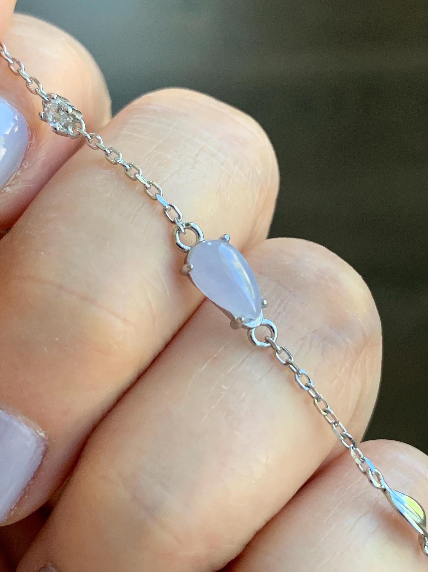 Natural Burmese Icy Translucent Gelatinous Light Purple Teardrop Jadeite Chain Bracelet Sterling Silver 6.25”-7.5” 天然缅甸冰淡紫翡翠水滴蛋面银手链