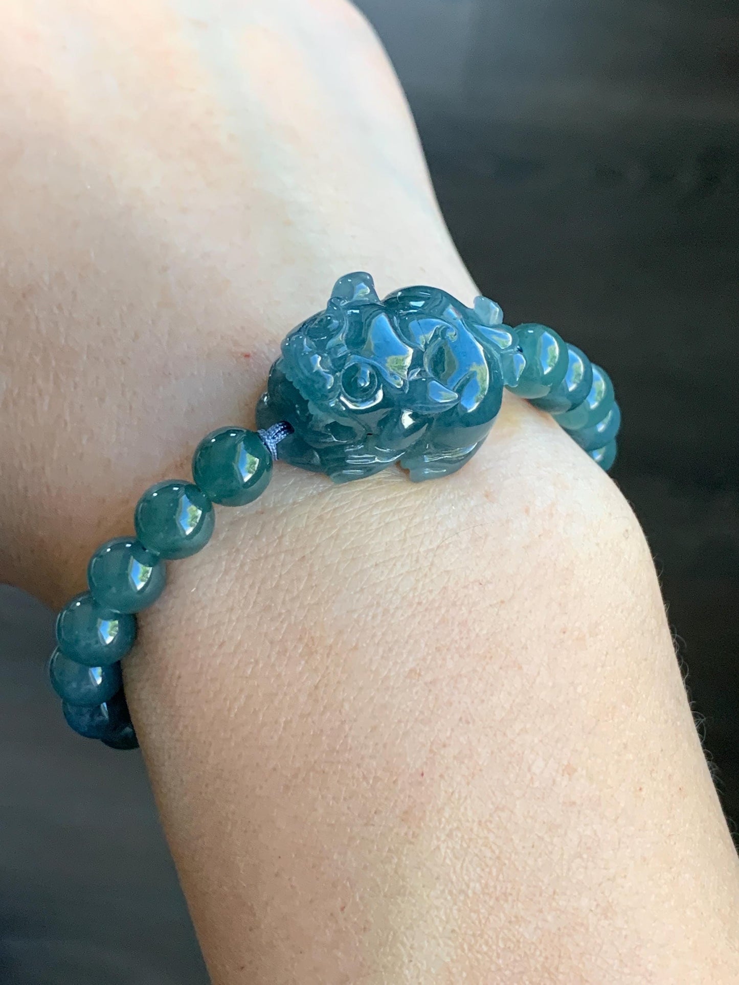 Natural Guatemalan Icy Translucent Gelatinous Dark Blue Jadeite Pixiu Beaded Bracelet 6.9mm 6.75” 21g 天然冰危蓝翡翠貔貅圆珠手串 WXC98Q