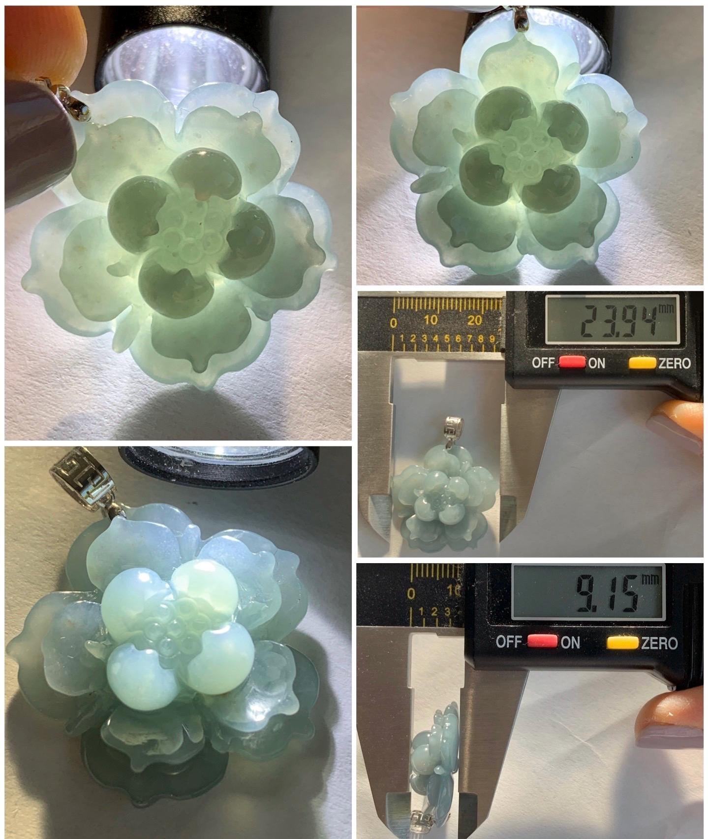 Natural Guatemalan Icy Translucent Light Dusty Blue Jadeite Lotus Flower Pendant 18K White Gold 5g 天然冰危淡蓝翡翠莲花镶嵌吊坠 DLH620A