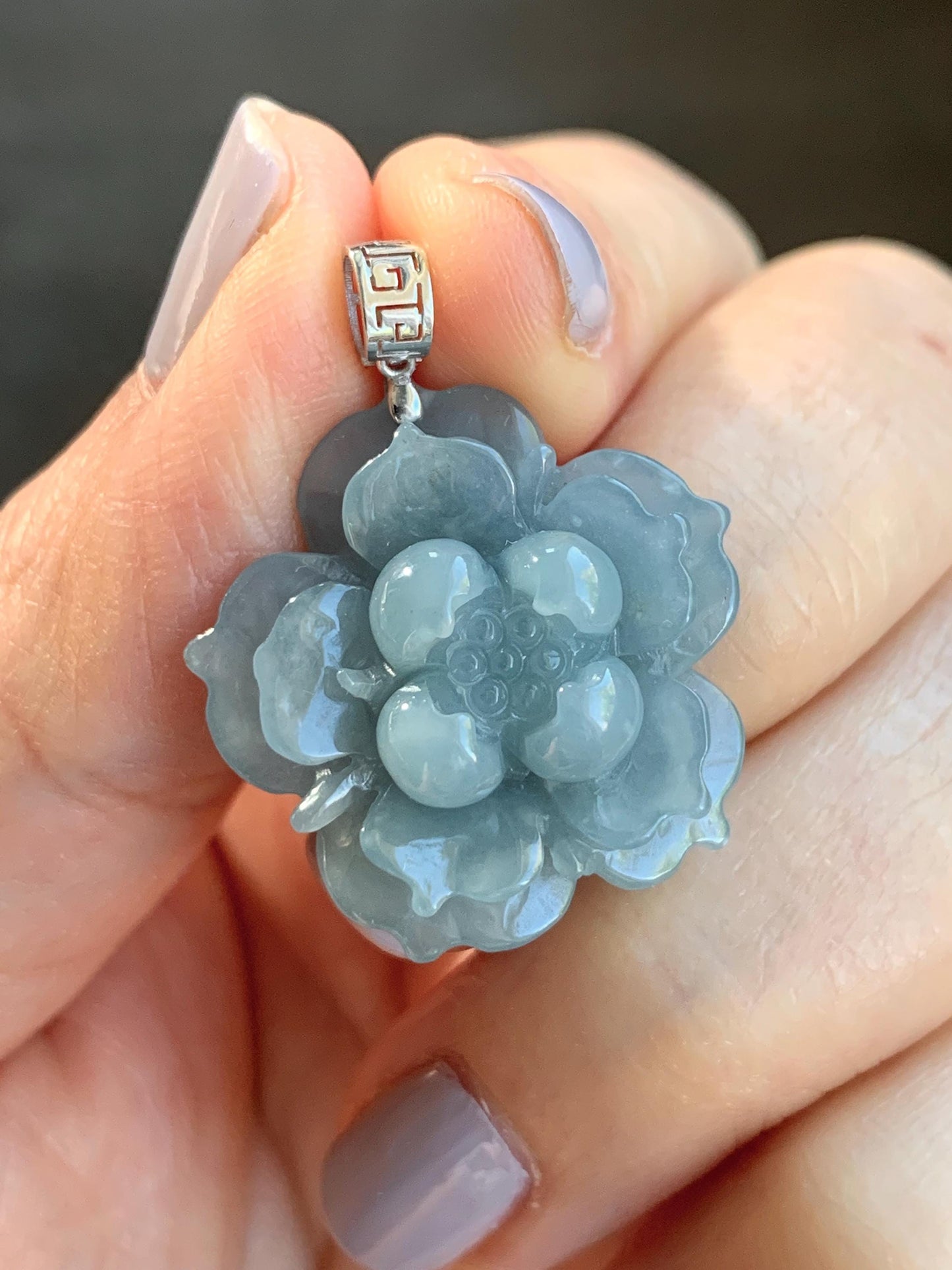 Natural Guatemalan Icy Translucent Light Dusty Blue Jadeite Lotus Flower Pendant 18K White Gold 5g 天然冰危淡蓝翡翠莲花镶嵌吊坠 DLH620A