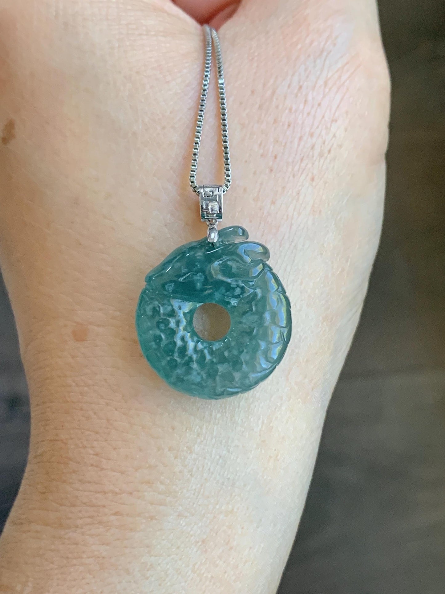 Natural Guatemalan Icy Translucent Gelatinous Teal Blue Jadeite Dragon Ping An Kou Donut Pendant 18K White Gold 6g 天然缅甸冰胶蓝绿翡翠盘龙平安扣吊坠 WLK74B