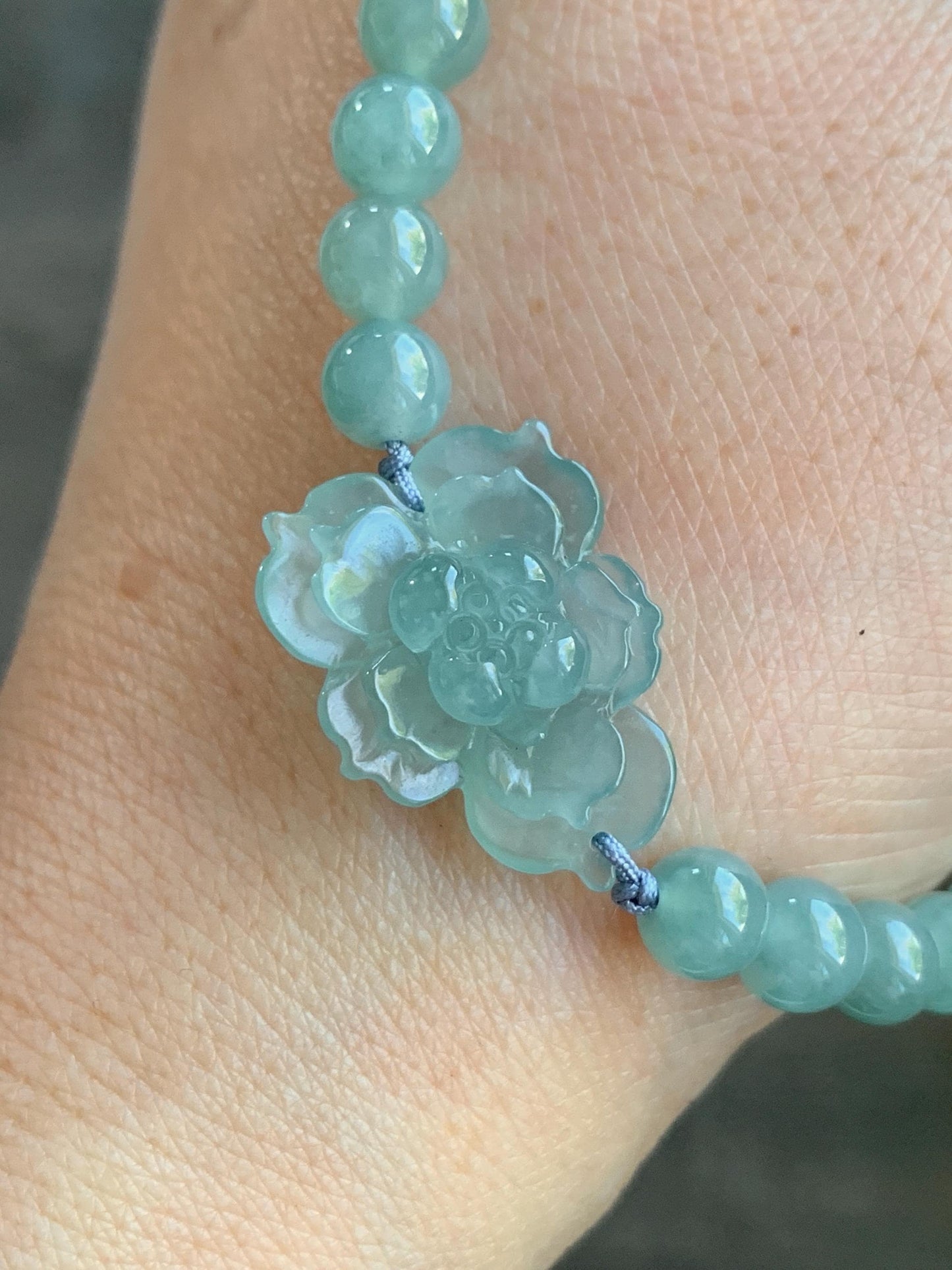 Natural Guatemalan Icy Highly Translucent Light Dusty Teal Blue Jadeite Lotus Flower Beaded Bracelet 6.4mm 7” 14g 天然冰透危淡蓝绿翡翠莲花圆珠手串