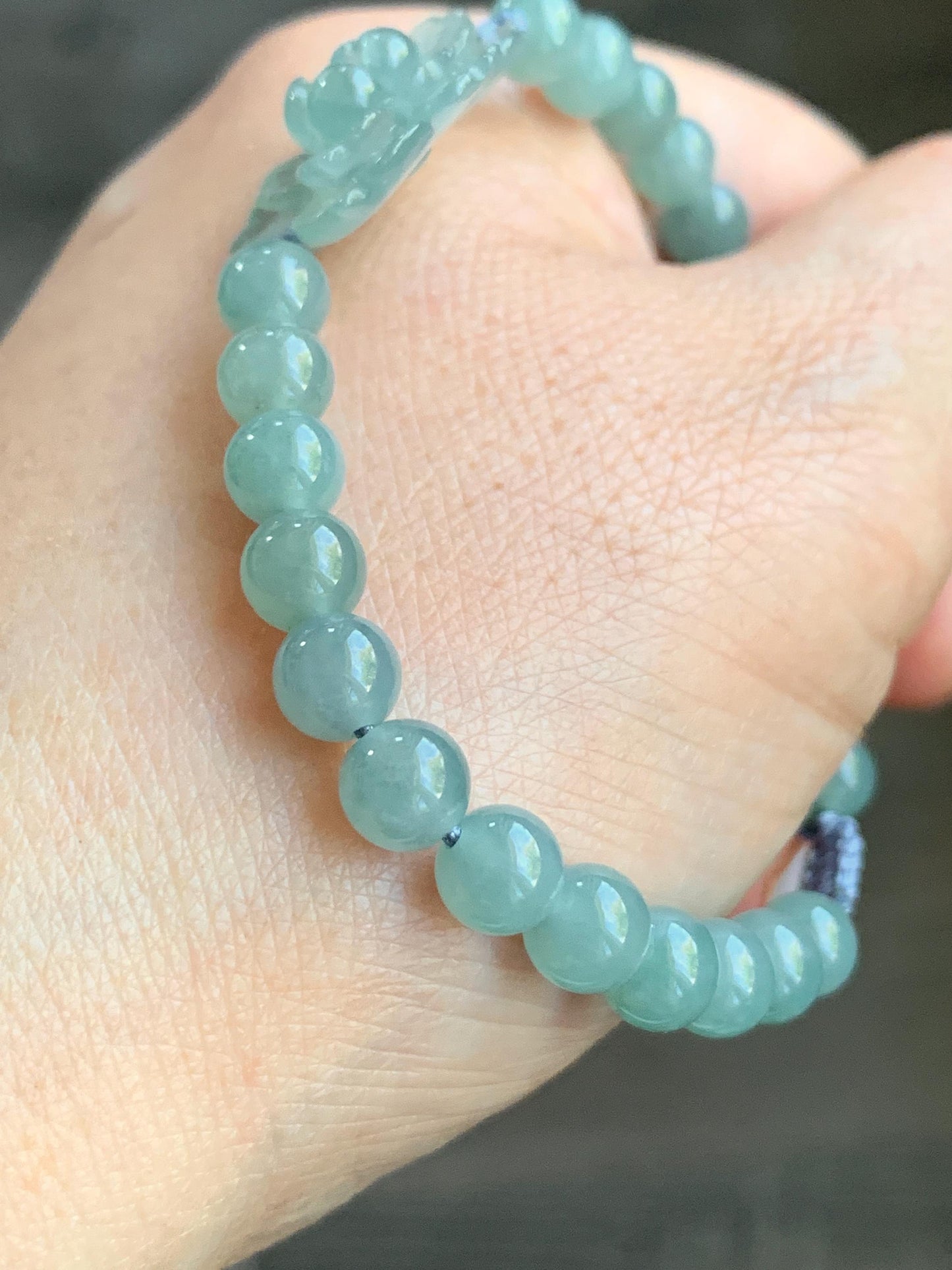 Natural Guatemalan Icy Highly Translucent Light Dusty Teal Blue Jadeite Lotus Flower Beaded Bracelet 6.4mm 7” 14g 天然冰透危淡蓝绿翡翠莲花圆珠手串