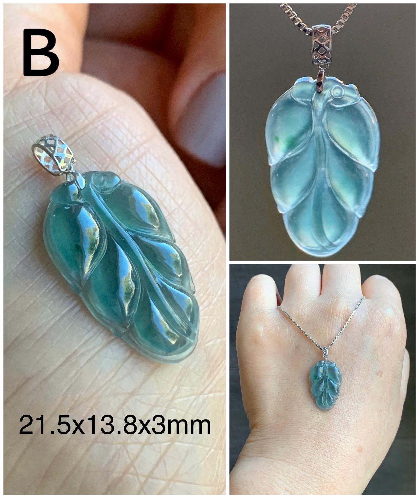 Petite Natural Guatemalan Premium Icy Highly Translucent Teal Blue Teal Green Jadeite Leaf Pendant 18K Gold 天然老种高冰危蓝绿翡翠大叶有成镶嵌吊坠 XYZ928