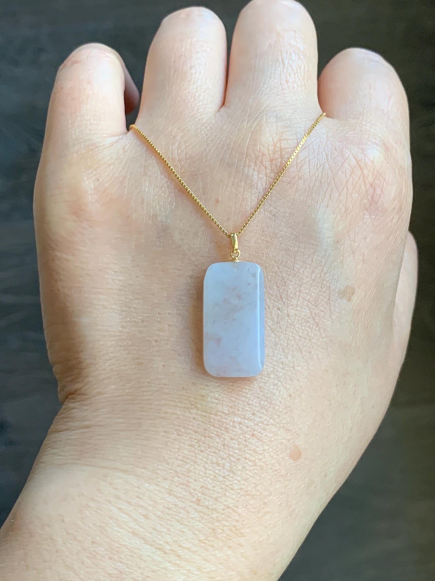 Petite Natural Burmese Icy Translation Golden Marbled Jadeite Rectangle Wu Shi Pai Pendant 18K Yellow Gold 4g 天然缅甸冰桂花糕撒金翡翠小无事牌镶嵌吊坠