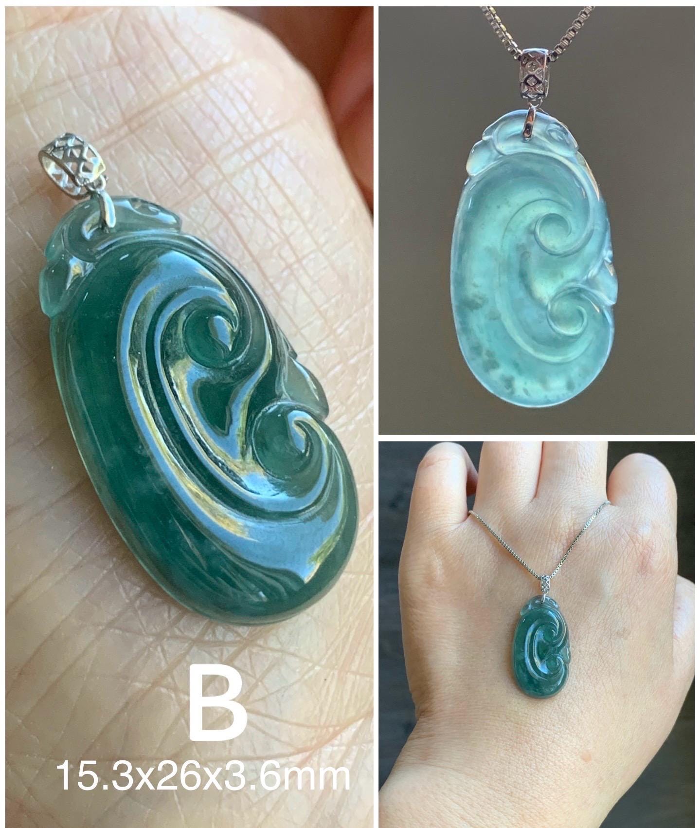 Petite Natural Guatemalan Icy Translucent Teal Blue Teal Green Jadeite Ruyi Amulet Pendant 18K White Gold 天然老种冰危蓝绿翡翠如意镶嵌吊坠 XRY614
