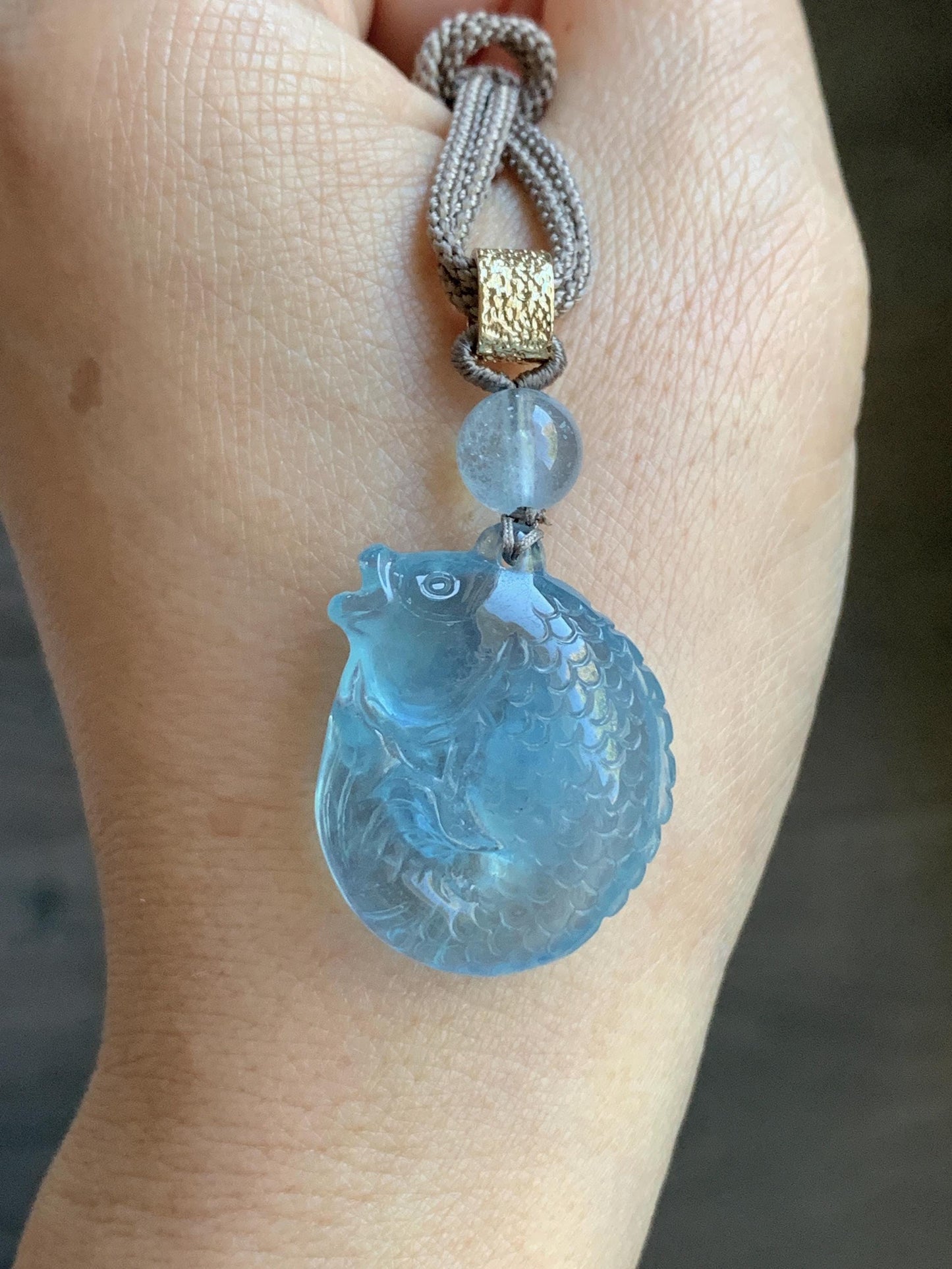 Certified Natural Genuine Premium Aquamarine Carved Koi Fish Pendant Freshwater Pearls Rope Necklace 25" Adjustable 13g 天然海蓝宝锦鲤鱼吊坠 0831