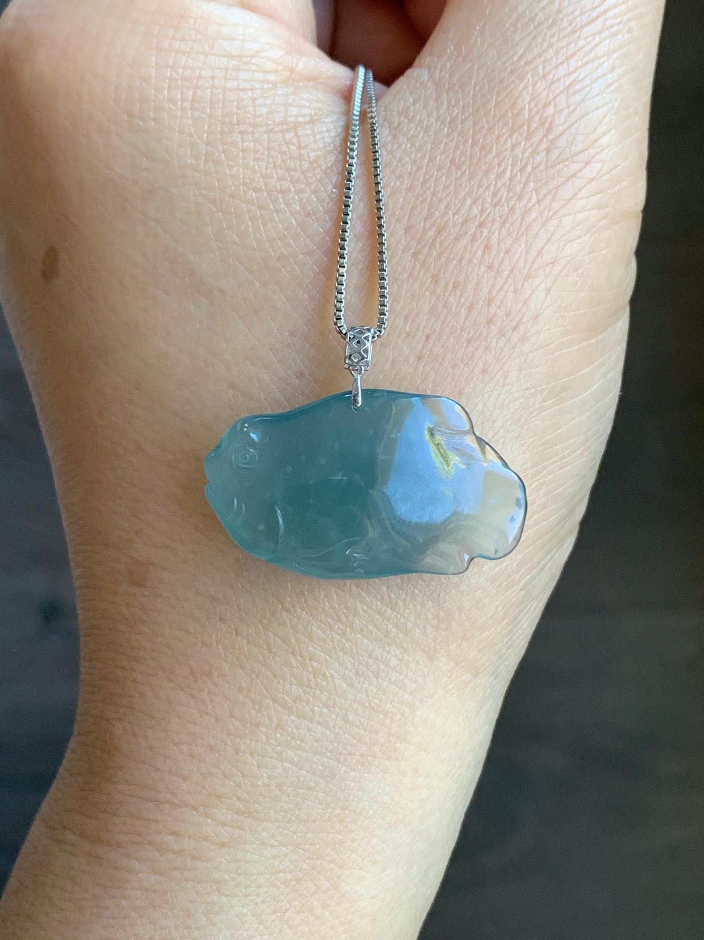 Natural Grade A Guatemalan Icy Translucent Gelatinous Old Mine Teal Blue Jadeite Fish Pendant 18K White Gold 5g 天然老种冰胶危蓝翡翠鱼镶嵌吊坠 B