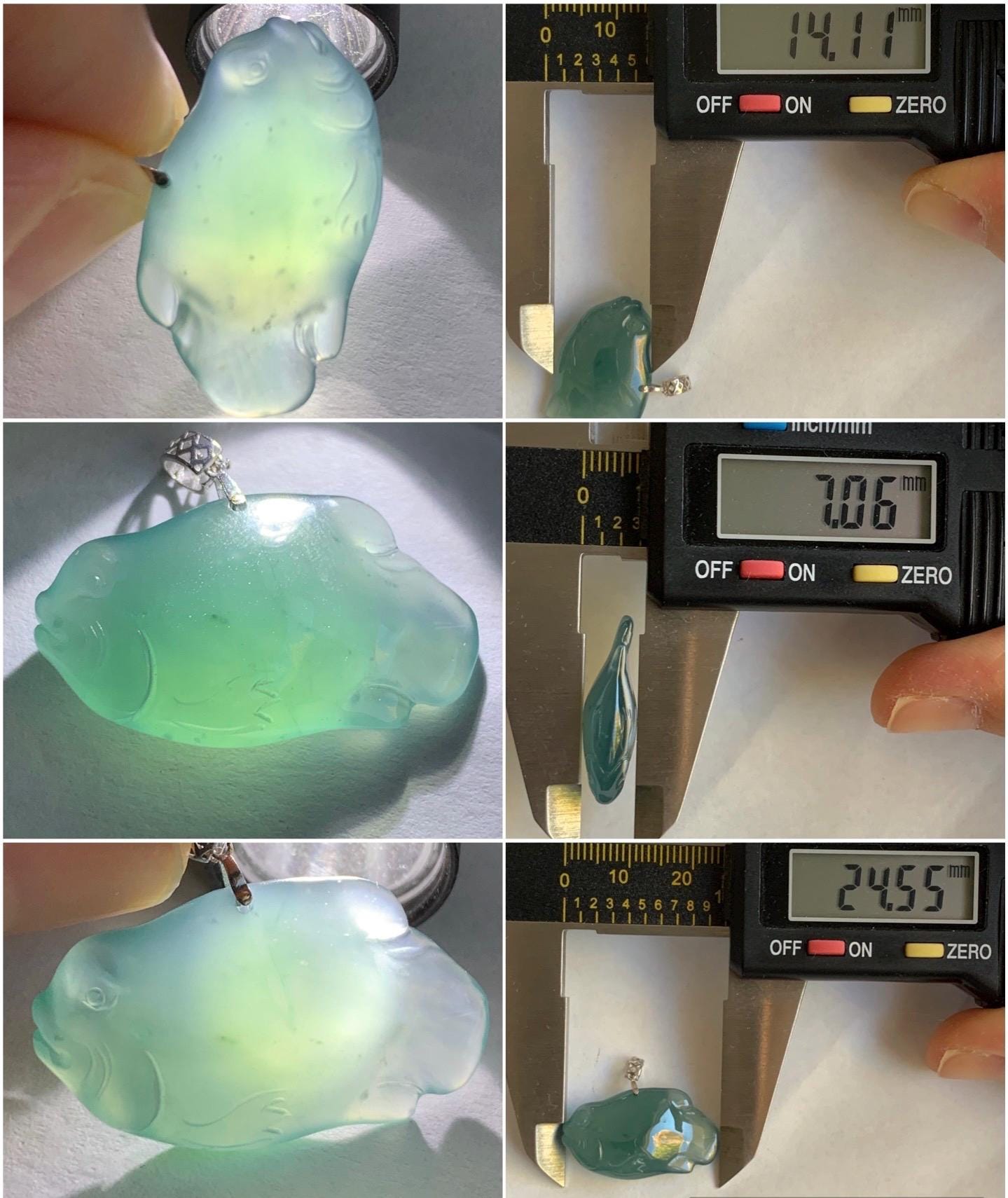 Natural Grade A Guatemalan Icy Translucent Gelatinous Old Mine Teal Blue Jadeite Fish Pendant 18K White Gold 4g 天然老种冰胶危蓝翡翠鱼镶嵌吊坠 A