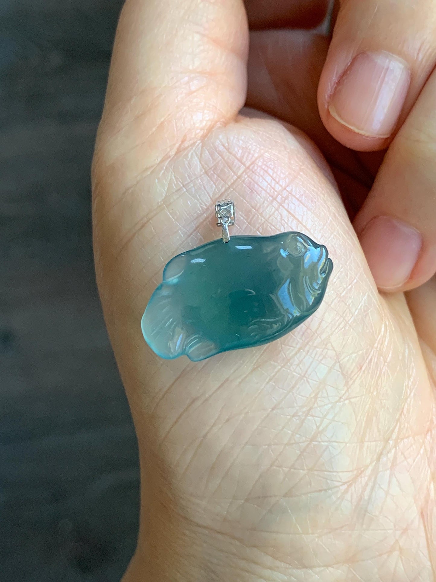 Natural Grade A Guatemalan Icy Translucent Gelatinous Old Mine Teal Blue Jadeite Fish Pendant 18K White Gold 4g 天然老种冰胶危蓝翡翠鱼镶嵌吊坠 A