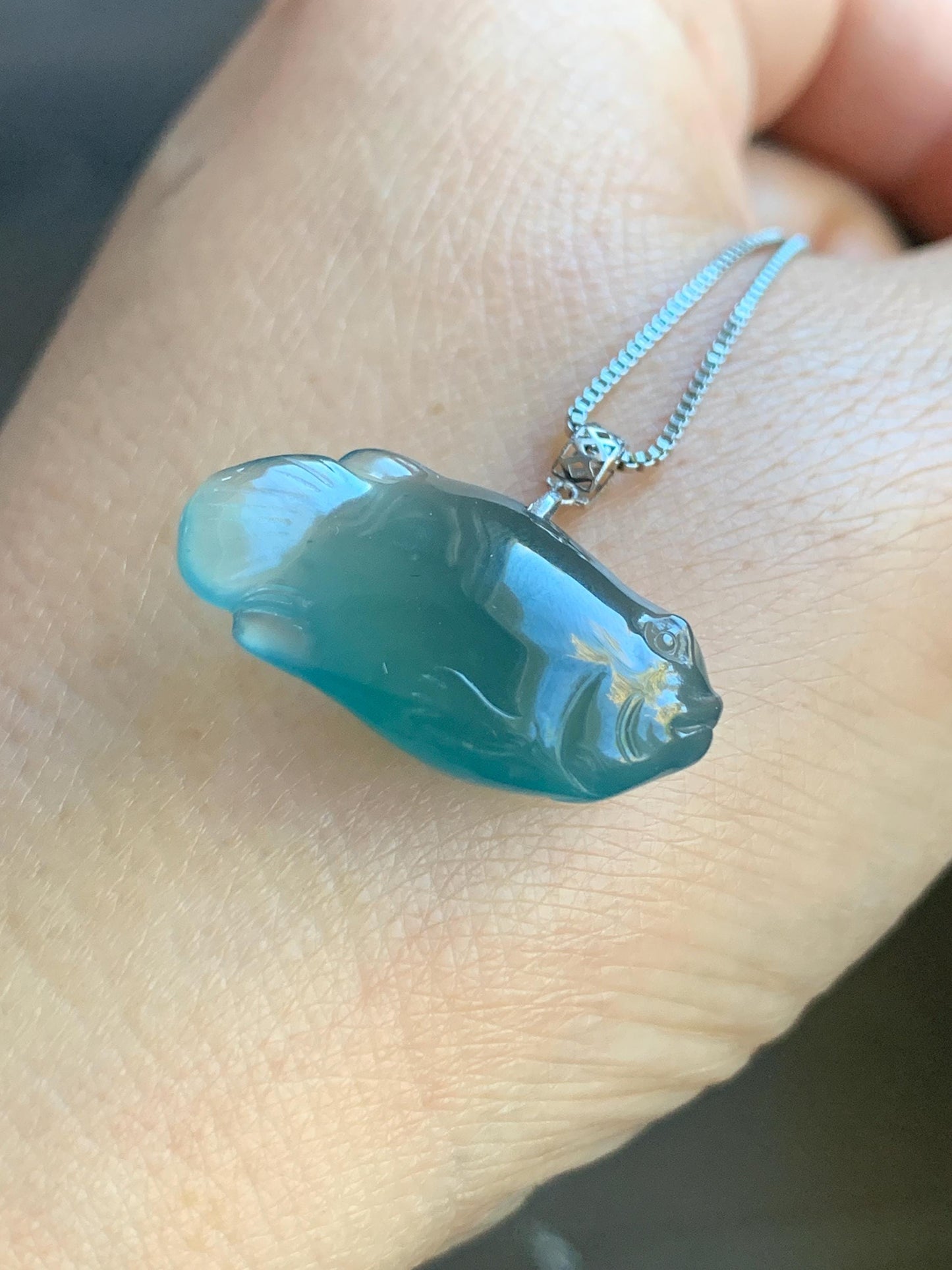 Natural Grade A Guatemalan Icy Translucent Gelatinous Old Mine Teal Blue Jadeite Fish Pendant 18K White Gold 4g 天然老种冰胶危蓝翡翠鱼镶嵌吊坠 A