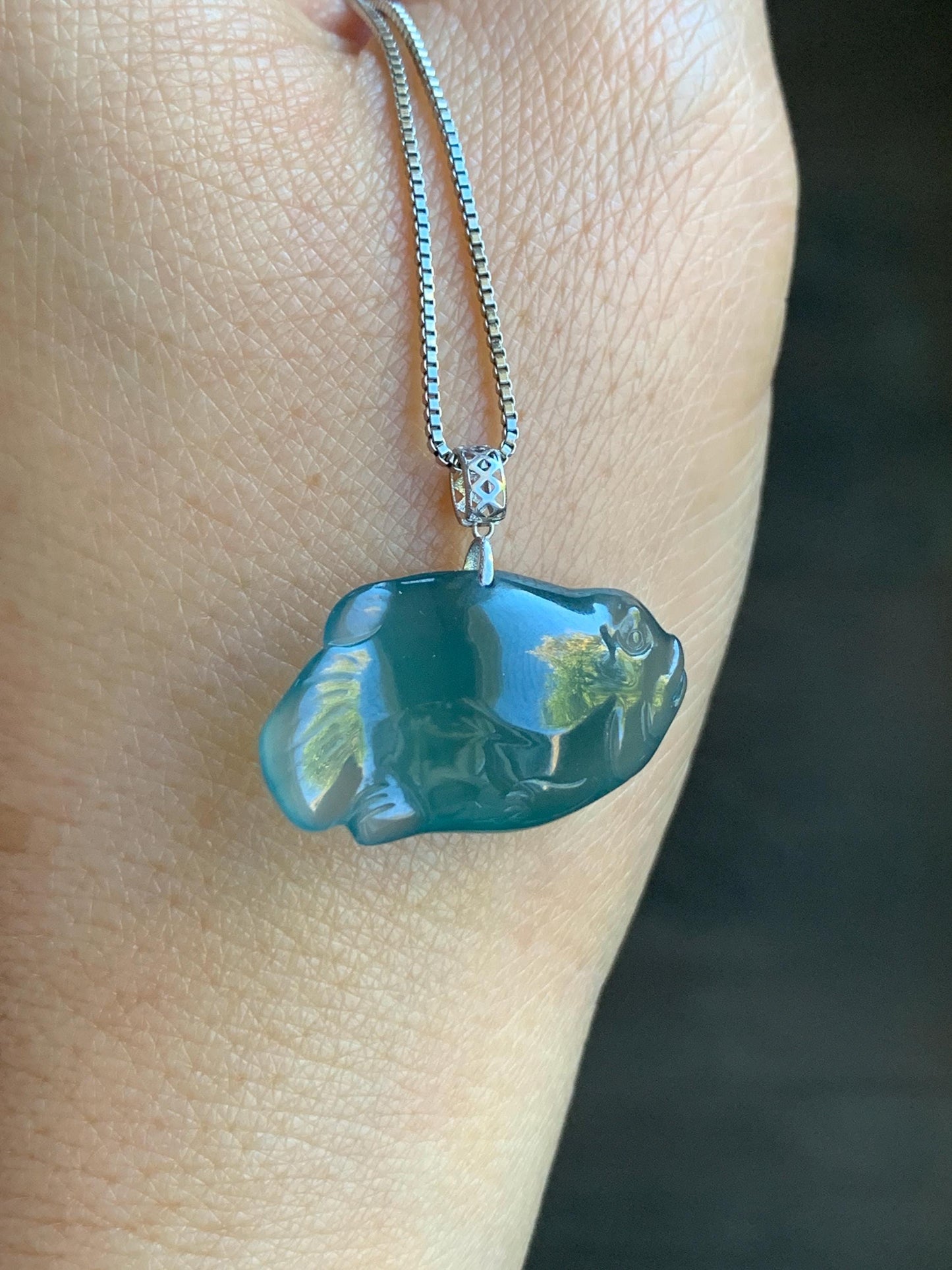 Natural Grade A Guatemalan Icy Translucent Gelatinous Old Mine Teal Blue Jadeite Fish Pendant 18K White Gold 4g 天然老种冰胶危蓝翡翠鱼镶嵌吊坠 A