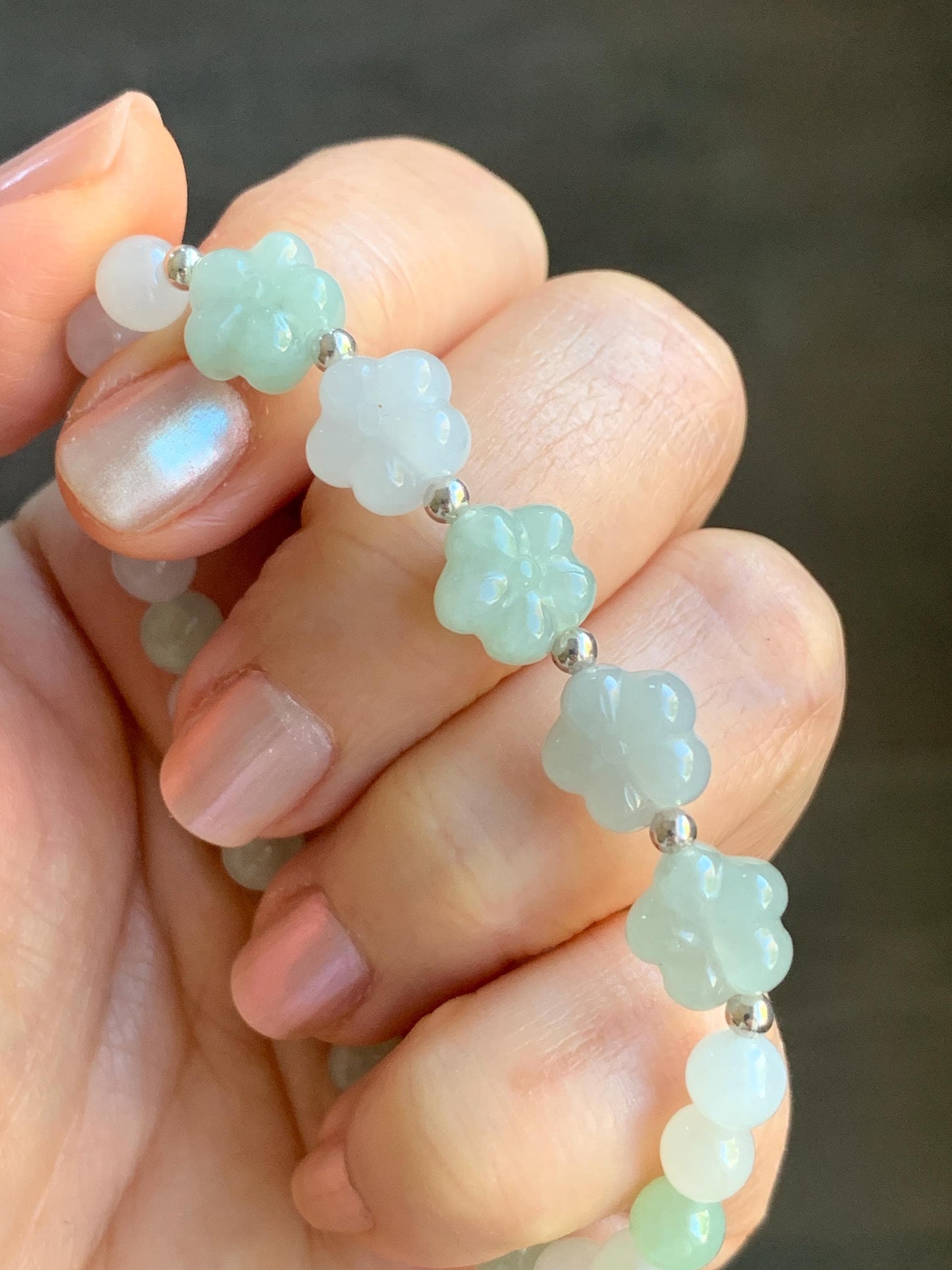 Natural Burmese Icy Translucent Light Green & White Jadeite Chery Blossom Beaded Bracelet Sterling Silver 6.75” 12g 天然缅甸白冰晴底翡翠梅花圆珠手串
