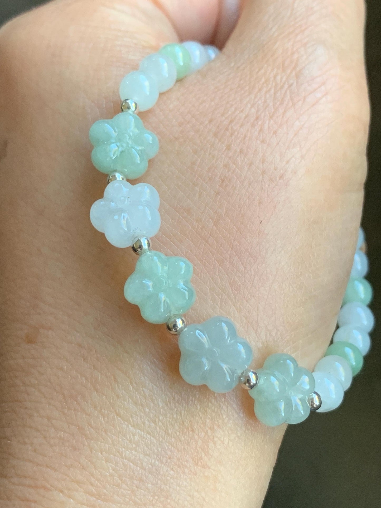 Natural Burmese Icy Translucent Light Green & White Jadeite Chery Blossom Beaded Bracelet Sterling Silver 6.75” 12g 天然缅甸白冰晴底翡翠梅花圆珠手串
