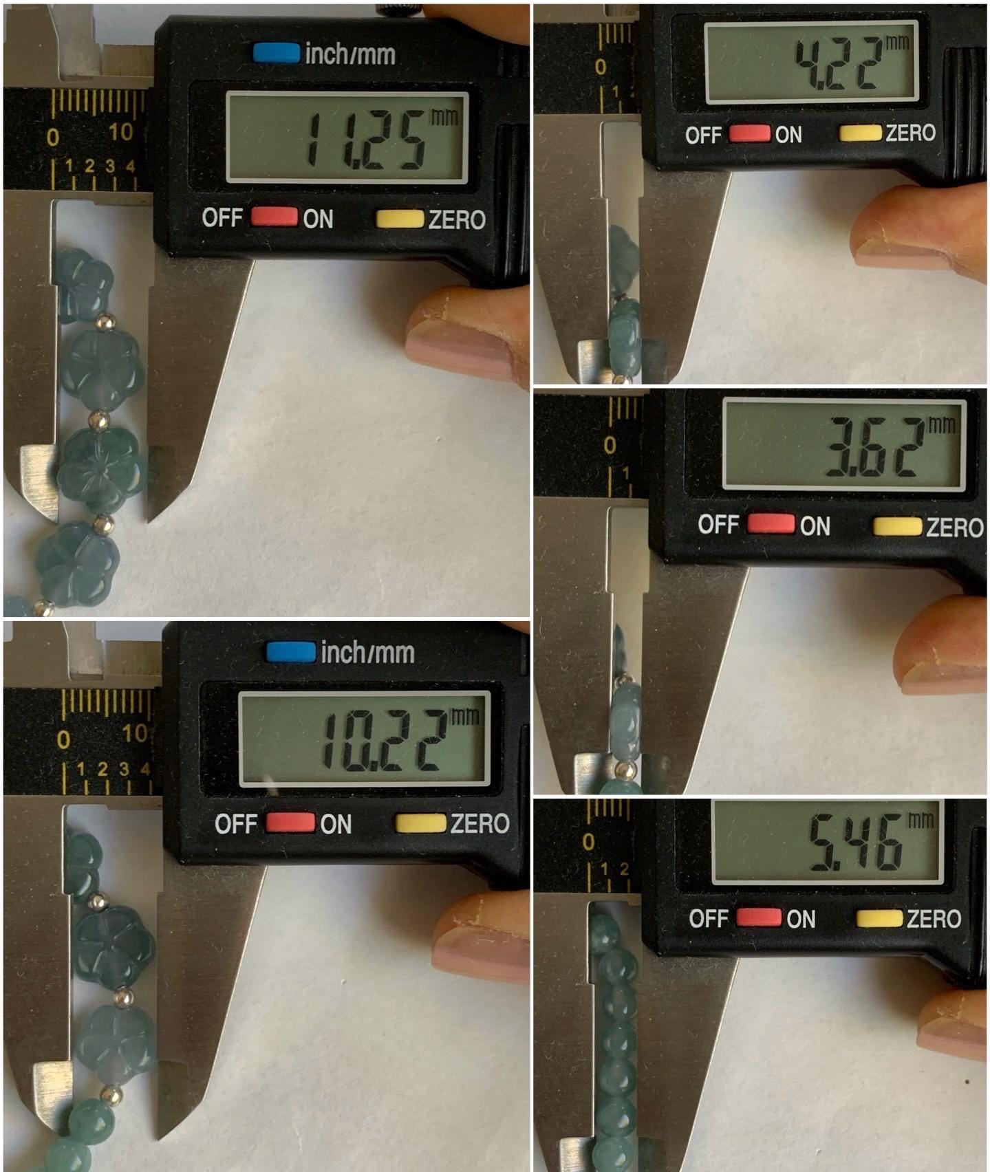 Natural Guatemalan Icy Translucent Dusty Blue & Light Teal Jadeite Chery Blossom Beaded Bracelet Sterling Silver 6.5” 11g 天然冰危蓝翡翠梅花圆珠手串