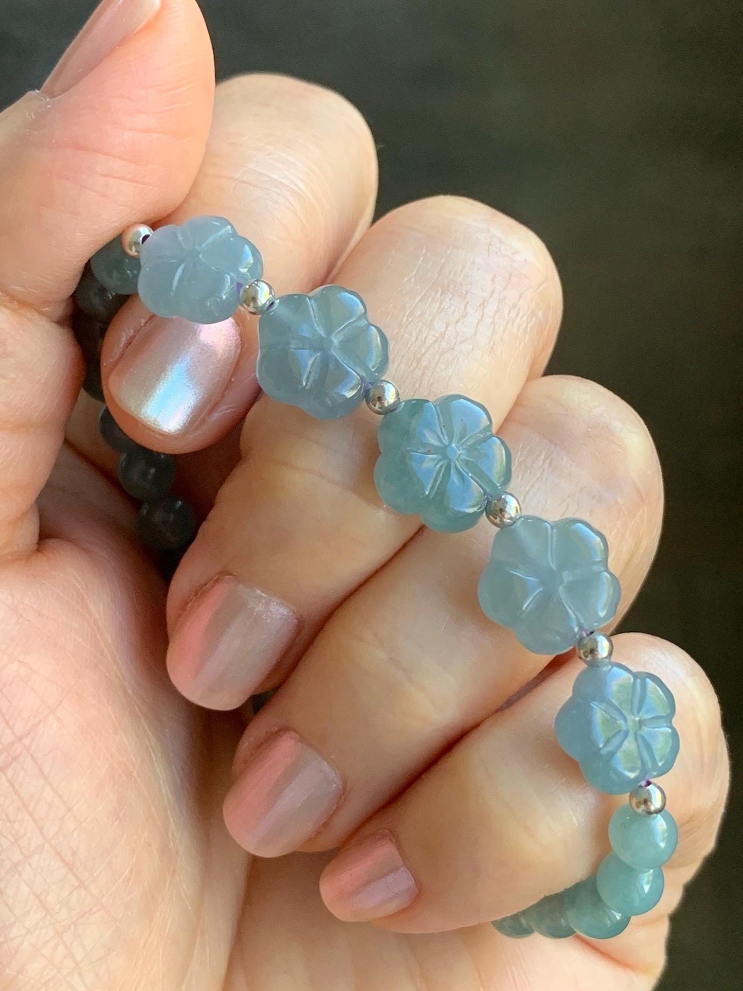 Natural Guatemalan Icy Translucent Dusty Blue & Light Teal Jadeite Chery Blossom Beaded Bracelet Sterling Silver 6.5” 11g 天然冰危蓝翡翠梅花圆珠手串