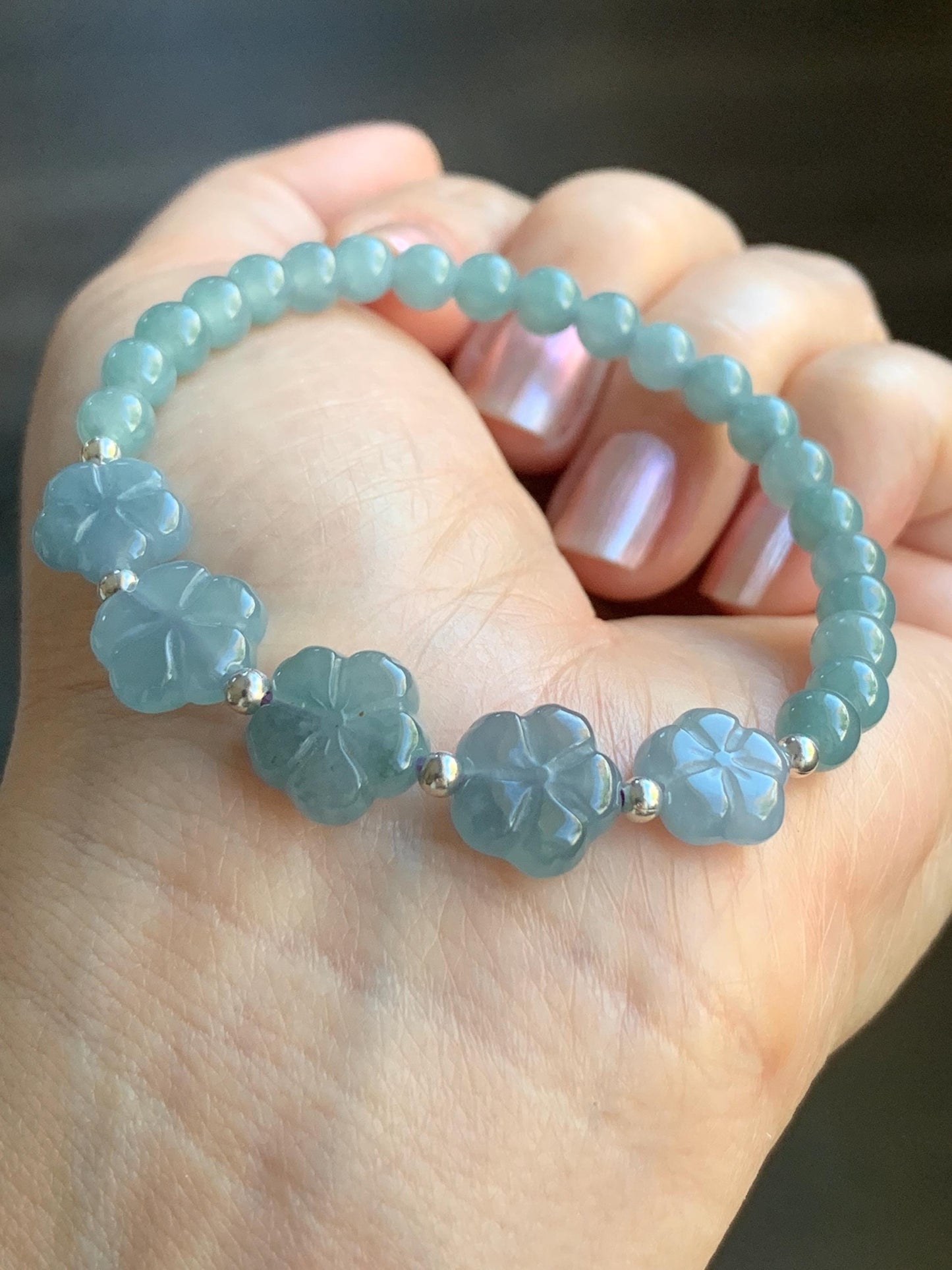 Natural Guatemalan Icy Translucent Dusty Blue & Light Teal Jadeite Chery Blossom Beaded Bracelet Sterling Silver 6.5” 11g 天然冰危蓝翡翠梅花圆珠手串