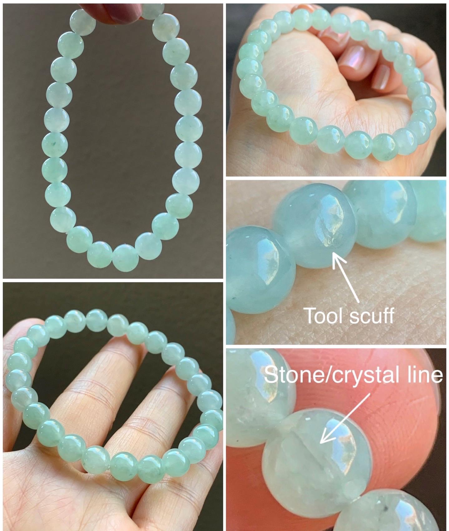 Natural Burmese Icy Translucent Gelatinous Light Green Jadeite Beaded Bracelet Stretchy 7.8mm 7.25” 20g 天然缅甸冰胶淡晴底翡翠手串 MQD918