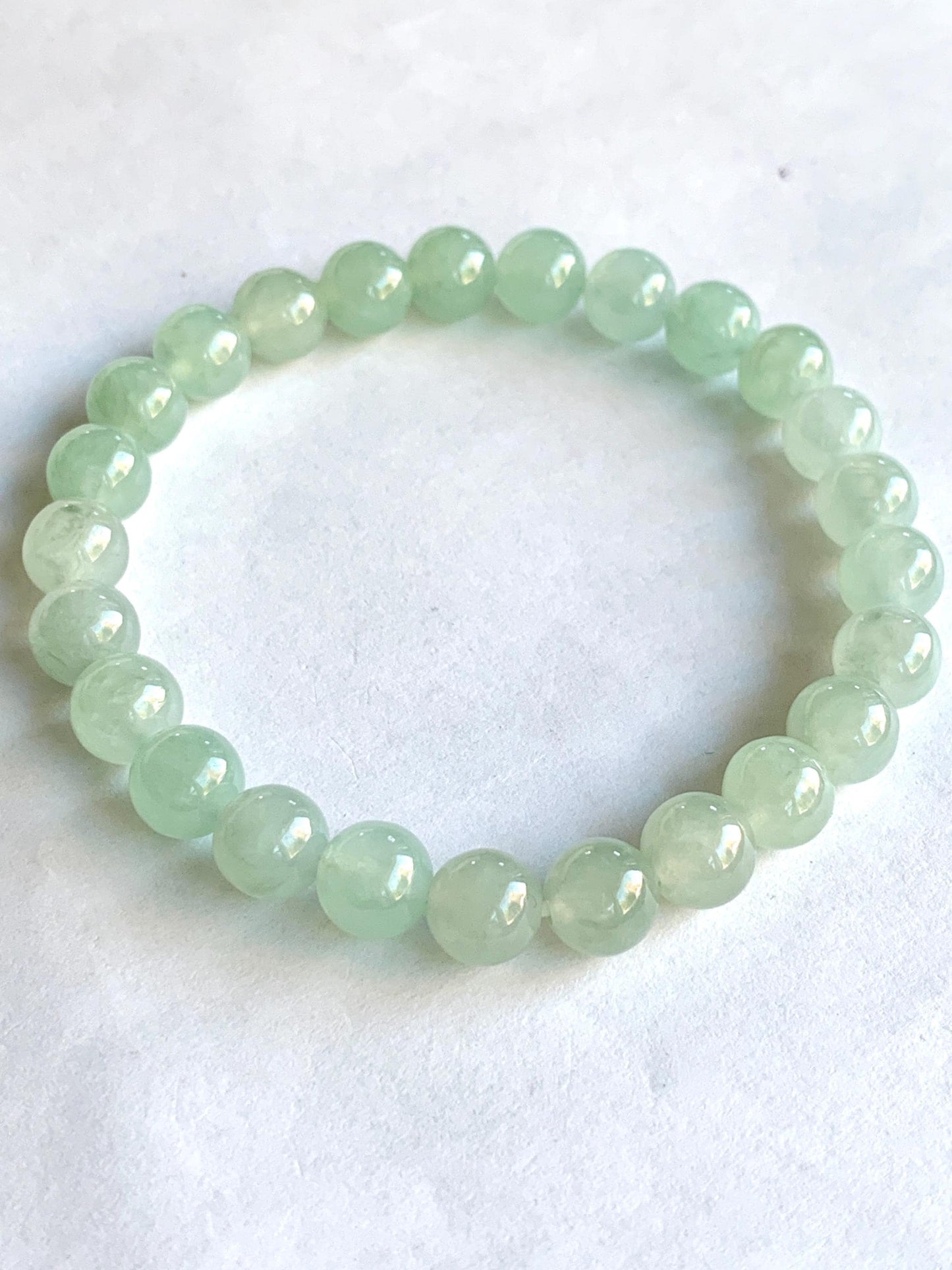 Natural Burmese Icy Translucent Gelatinous Light Green Jadeite Beaded Bracelet Stretchy 7.8mm 7.25” 20g 天然缅甸冰胶淡晴底翡翠手串 MQD918