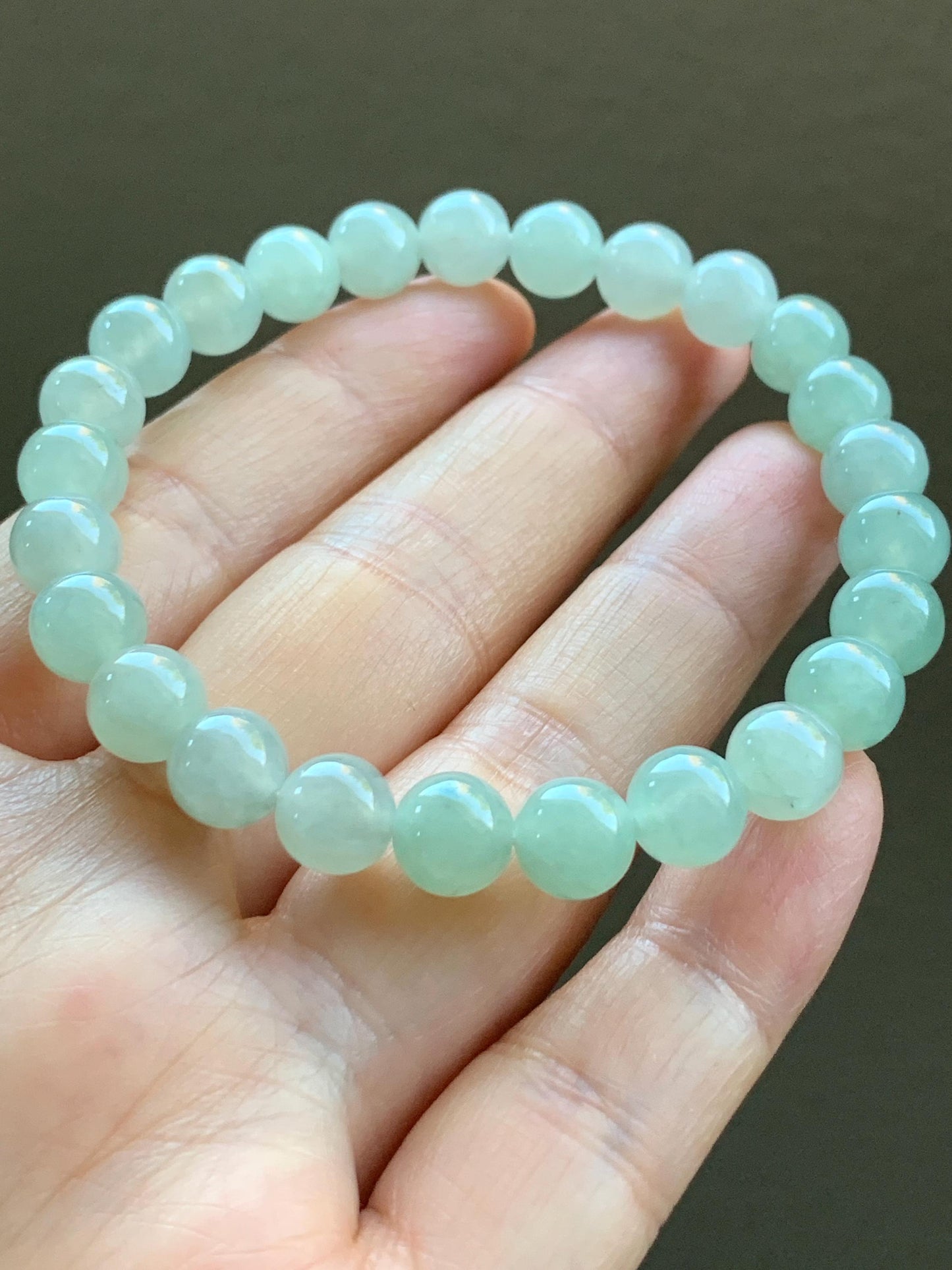 Natural Burmese Icy Translucent Gelatinous Light Green Jadeite Beaded Bracelet Stretchy 7.8mm 7.25” 20g 天然缅甸冰胶淡晴底翡翠手串 MQD918