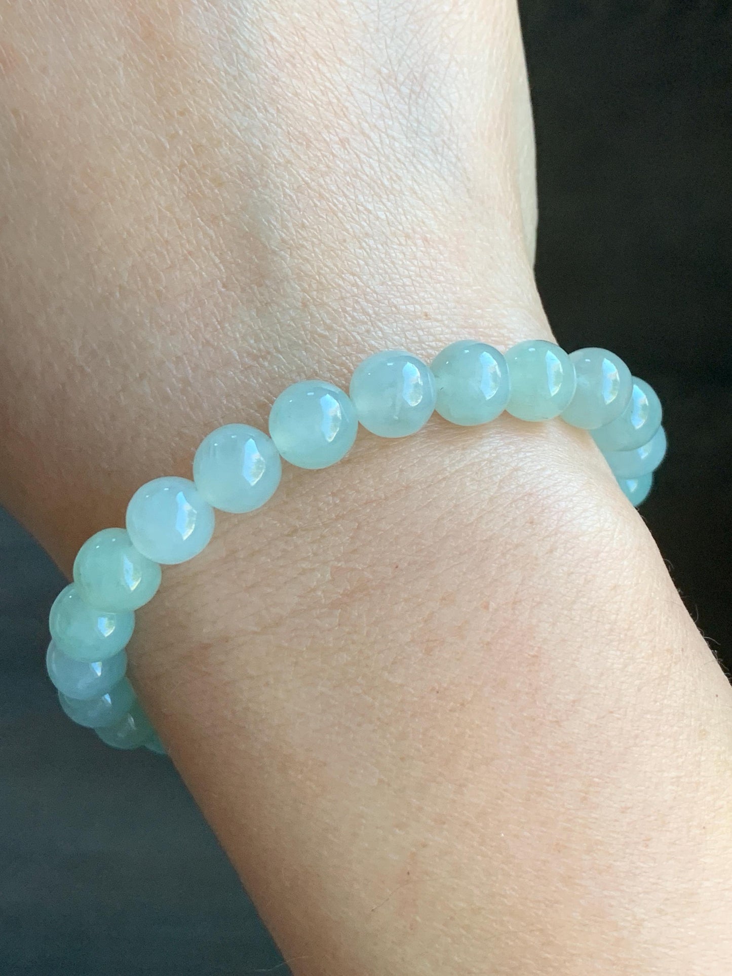 Natural Burmese Icy Translucent Gelatinous Light Green Jadeite Beaded Bracelet Stretchy 7.8mm 7.25” 20g 天然缅甸冰胶淡晴底翡翠手串 MQD918