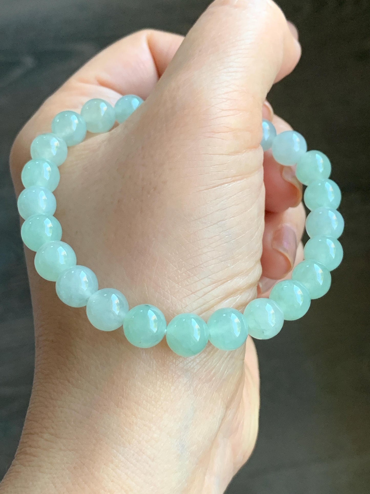 Natural Burmese Icy Translucent Gelatinous Light Green Jadeite Beaded Bracelet Stretchy 7.8mm 7.25” 20g 天然缅甸冰胶淡晴底翡翠手串 MQD918
