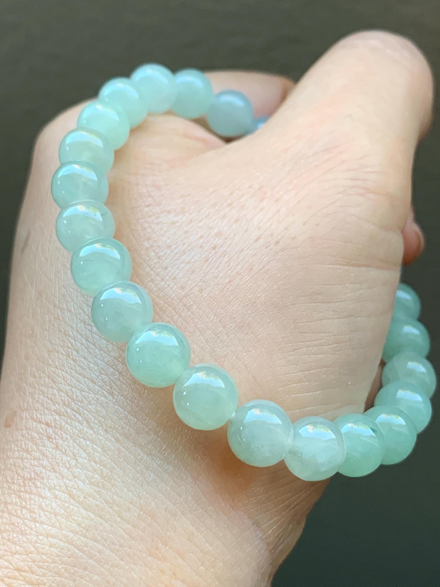 Natural Burmese Icy Translucent Gelatinous Light Green Jadeite Beaded Bracelet Stretchy 7.8mm 7.25” 20g 天然缅甸冰胶淡晴底翡翠手串 MQD918