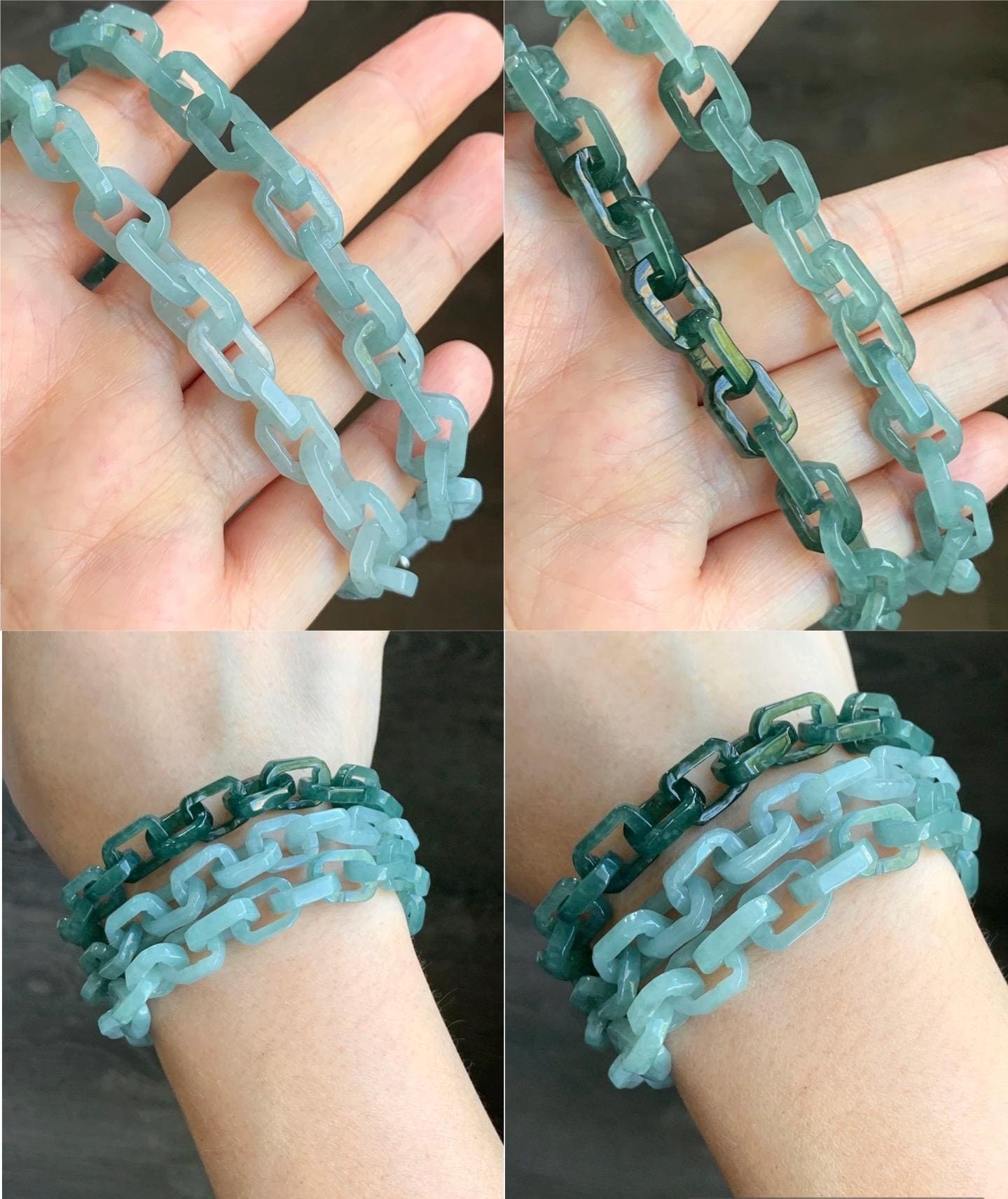 Certified Natural Guatemalan Icy Translucent Gradient Teal Blue Jadeite Interlocking Link Necklace Sterling Silver Closure 天然冰危渐变蓝翡翠环环相扣项链