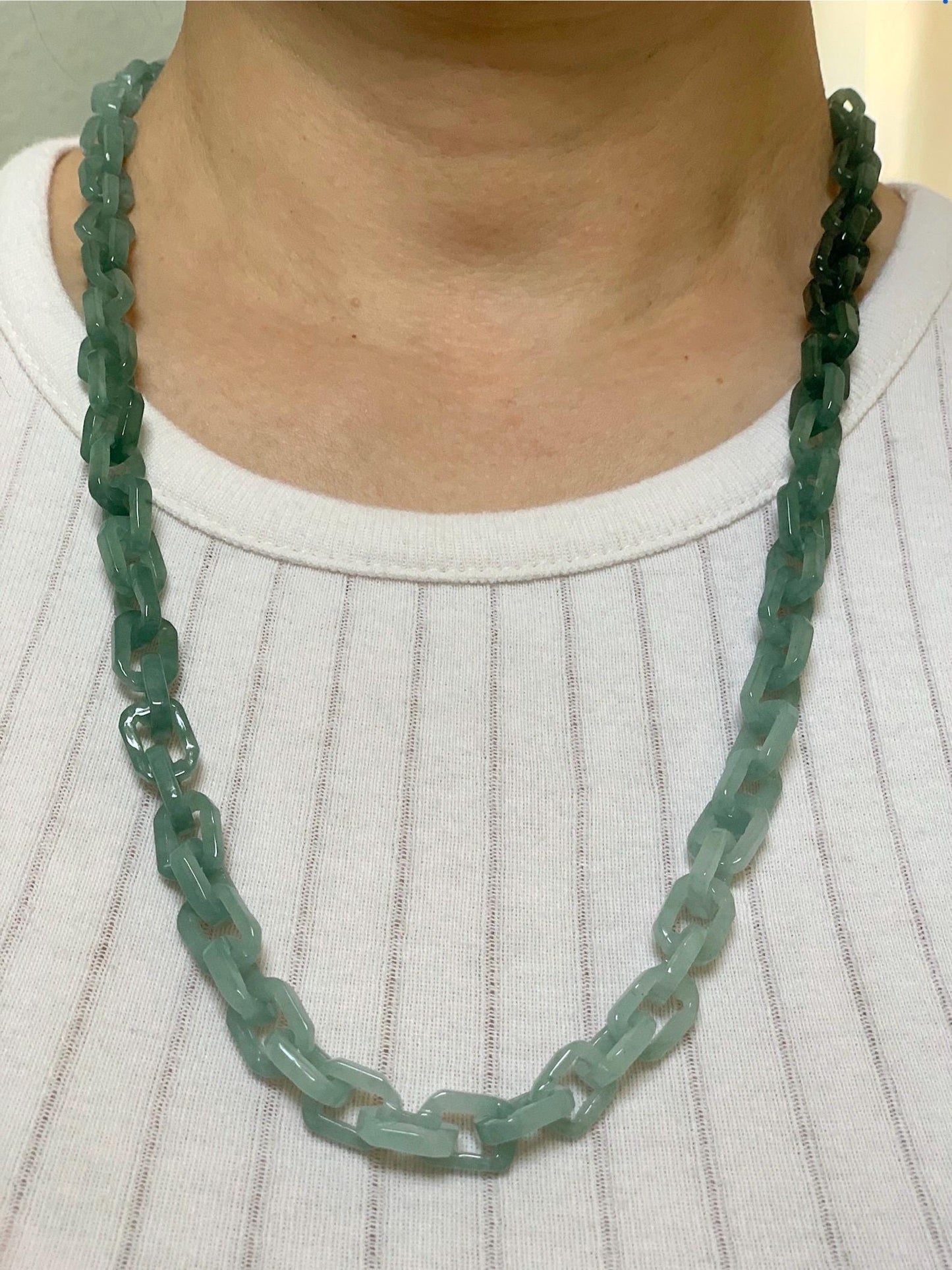 Certified Natural Guatemalan Icy Translucent Gradient Teal Blue Jadeite Interlocking Link Necklace Sterling Silver Closure 天然冰危渐变蓝翡翠环环相扣项链