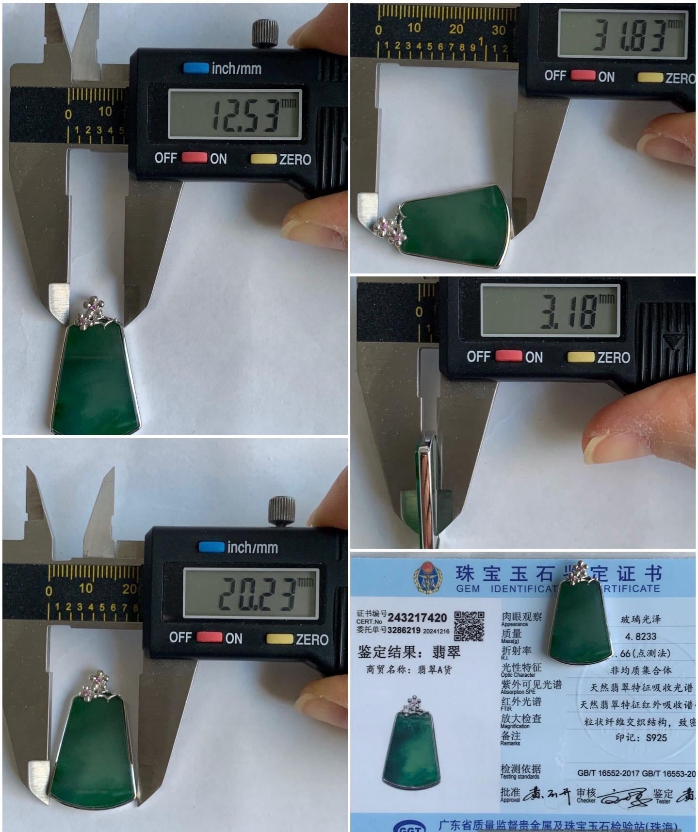 Certified Natural Guatemalan Icy Translucent Dark Teal Green Jadeite Green Marbling Wu Shi Pai Pendant Sterling Silver 天然冰危飘绿翡翠梯形无事牌吊坠 7420