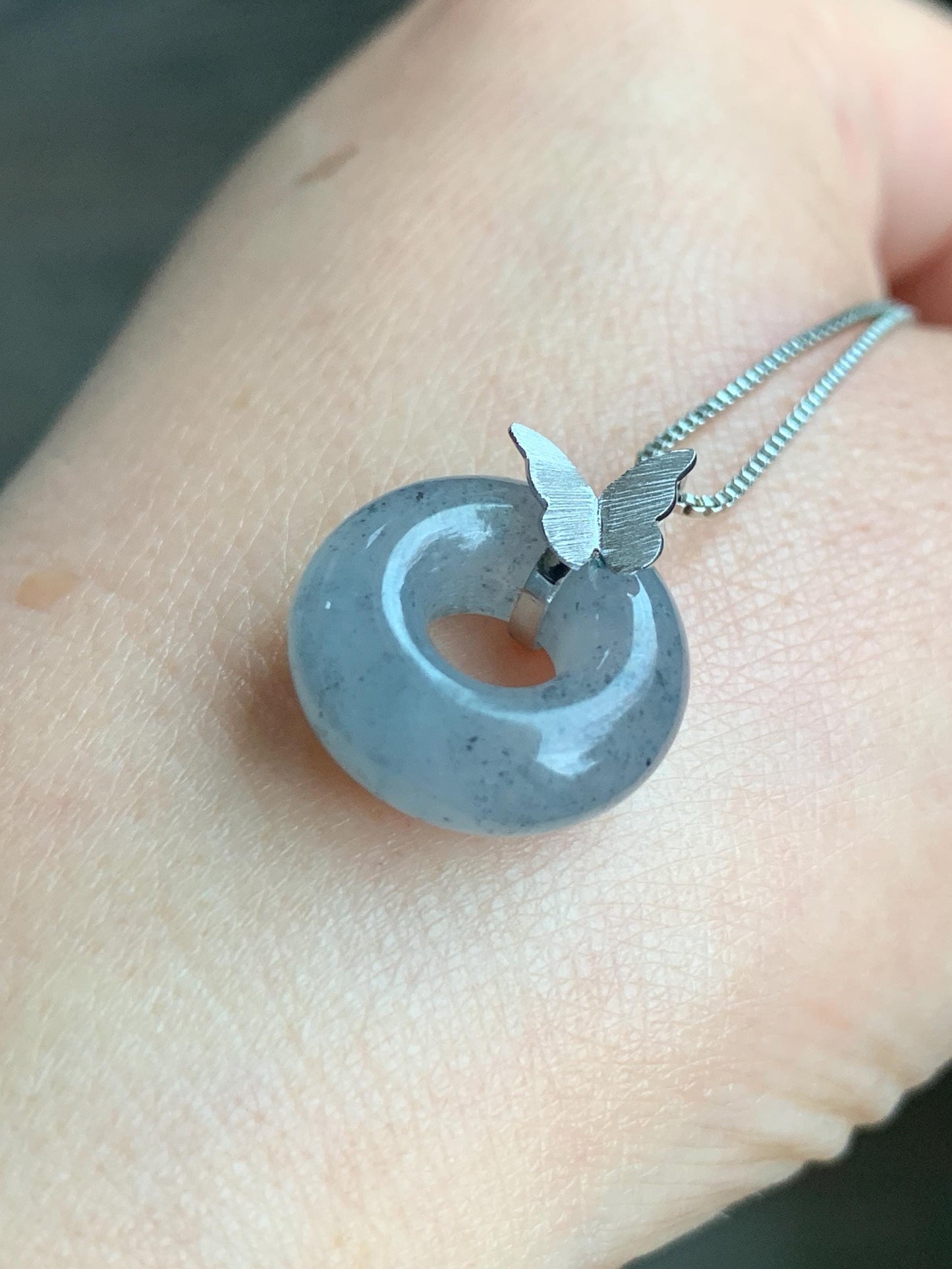 Certified Natural Burmese Icy Translucent Gelatinous Wuji Jadeite Ping An Kou Donut Butterfly Pendant 18K White Gold 天然缅甸冰胶乌鸡翡平安扣蝴蝶镶嵌吊坠 7416