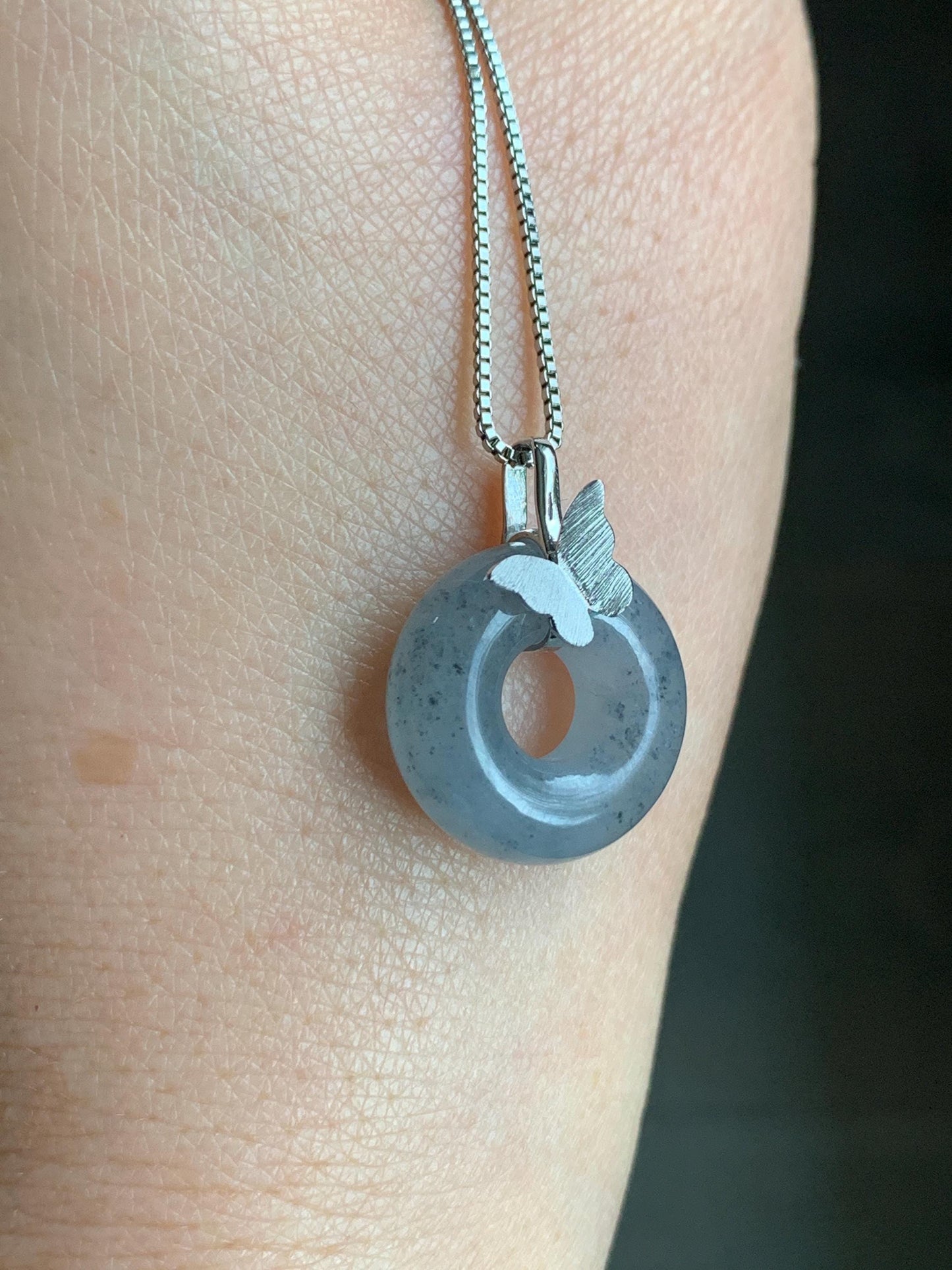 Certified Natural Burmese Icy Translucent Gelatinous Wuji Jadeite Ping An Kou Donut Butterfly Pendant 18K White Gold 天然缅甸冰胶乌鸡翡平安扣蝴蝶镶嵌吊坠 7416
