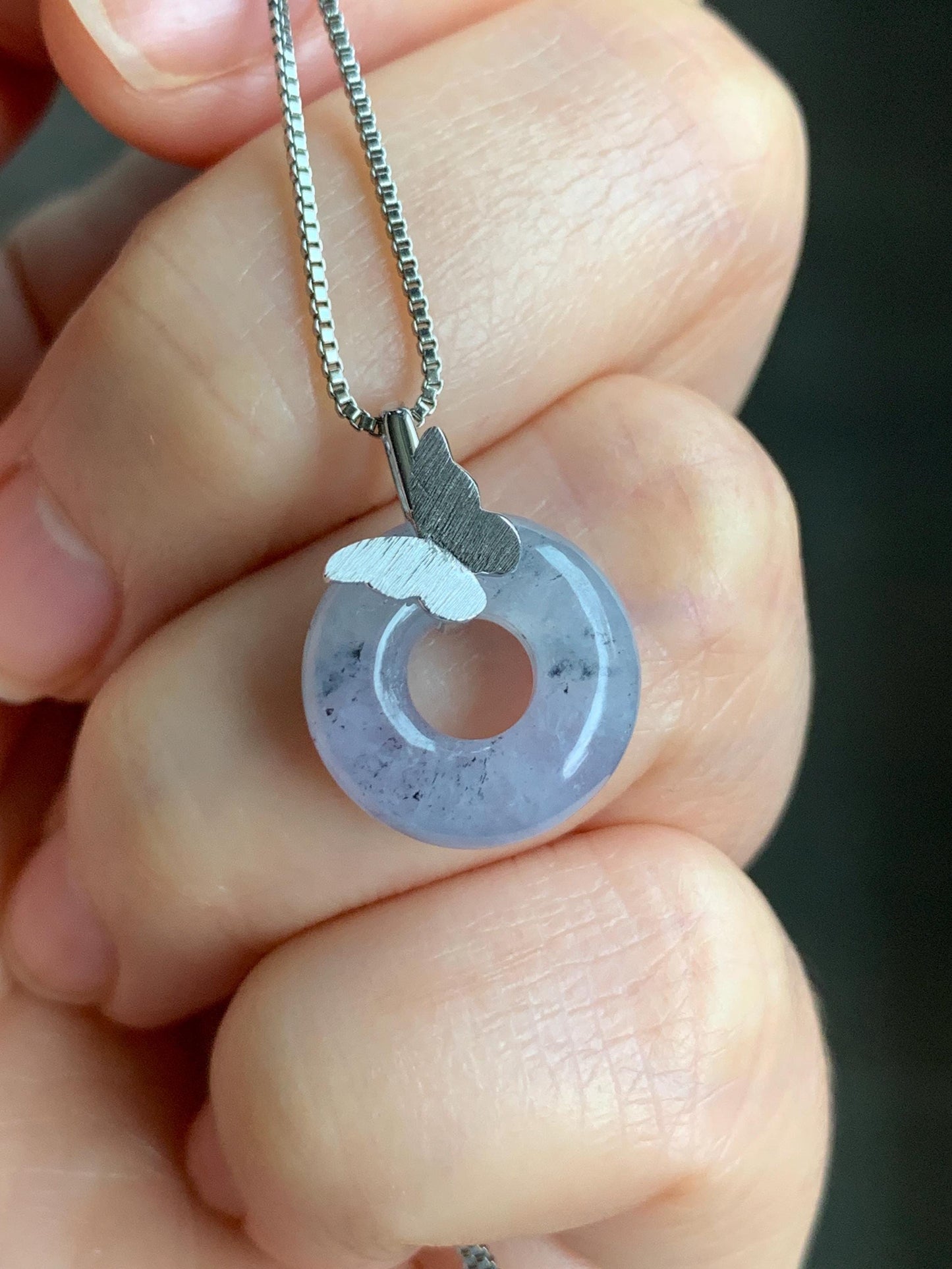 Certified Natural Burmese Icy Translucent Gelatinous Wuji Jadeite Ping An Kou Donut Butterfly Pendant 18K White Gold 天然缅甸冰胶紫乌鸡翡平安扣蝴蝶镶嵌吊坠