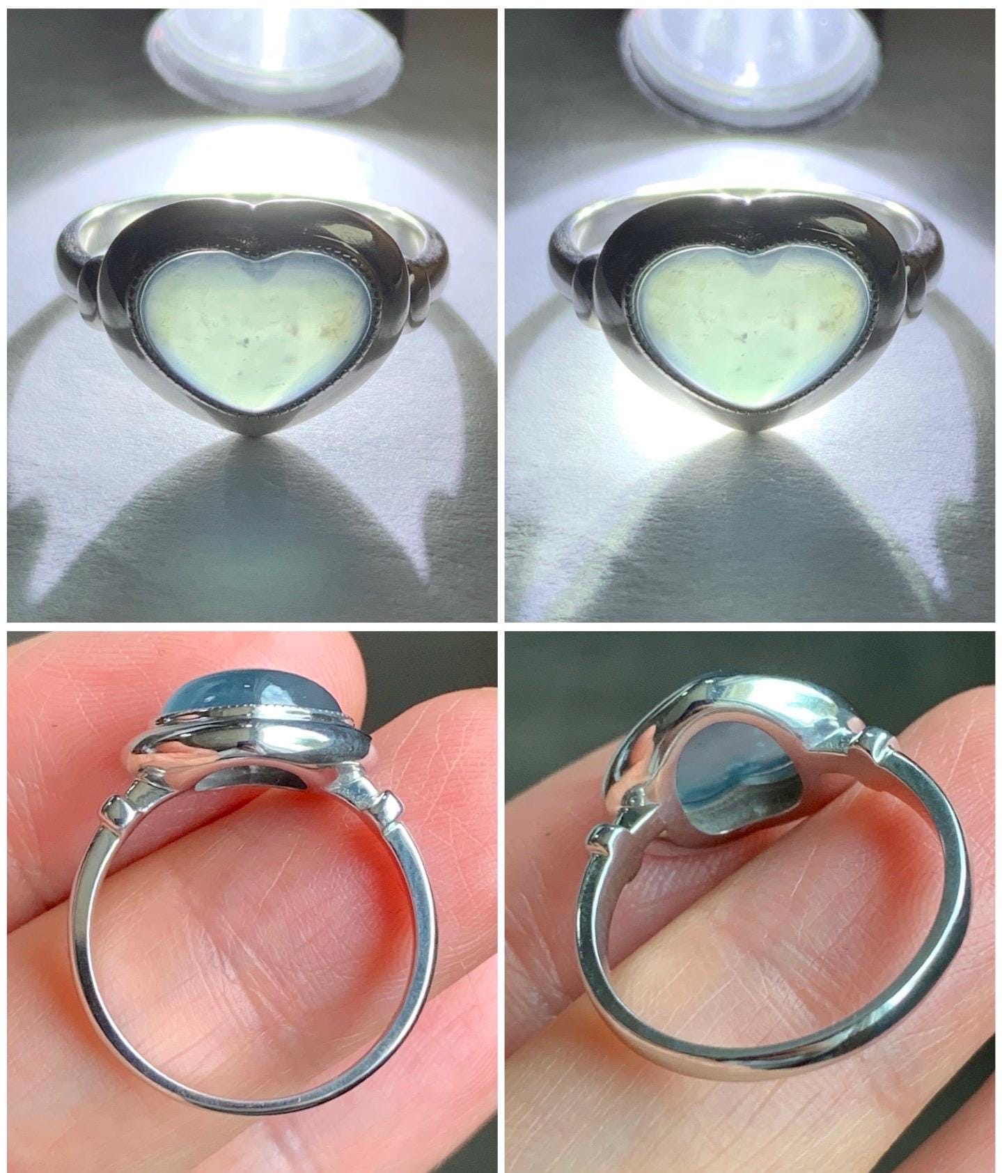 Certified Natural Guatemalan Icy Highly Translucent Blue Jadeite Heart Ring Sterling Silver size 7 3.35g 天然冰胶危蓝翡翠爱心镶嵌戒指 7405