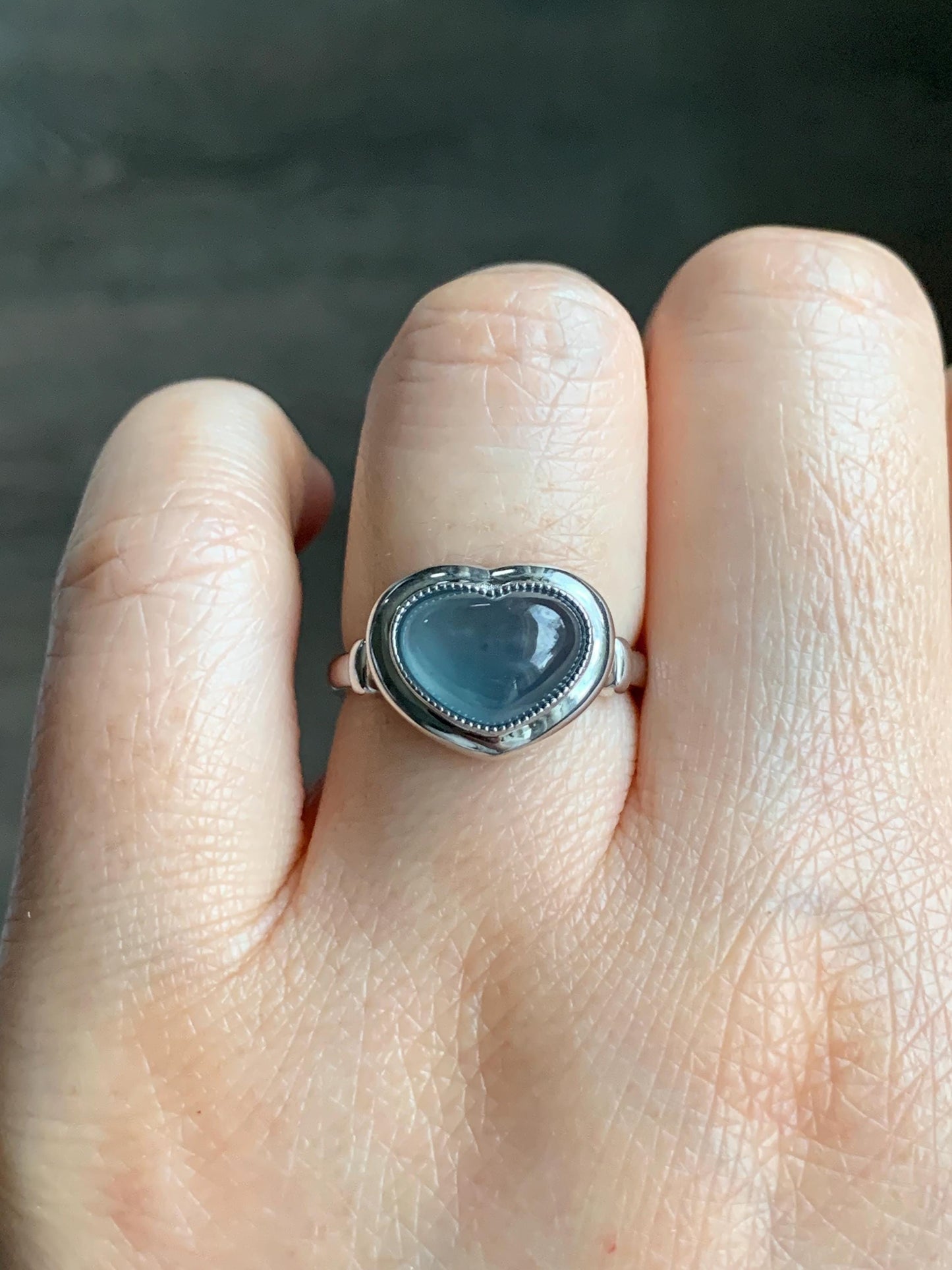 Certified Natural Guatemalan Icy Highly Translucent Blue Jadeite Heart Ring Sterling Silver size 7 3.35g 天然冰胶危蓝翡翠爱心镶嵌戒指 7405