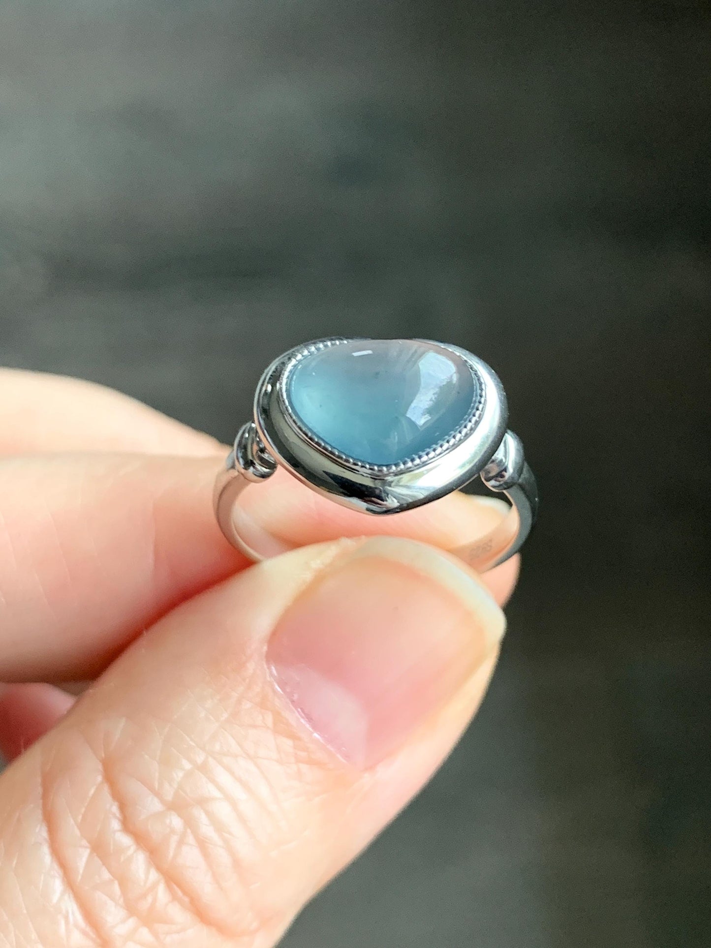 Certified Natural Guatemalan Icy Highly Translucent Blue Jadeite Heart Ring Sterling Silver size 7 3.35g 天然冰胶危蓝翡翠爱心镶嵌戒指 7405