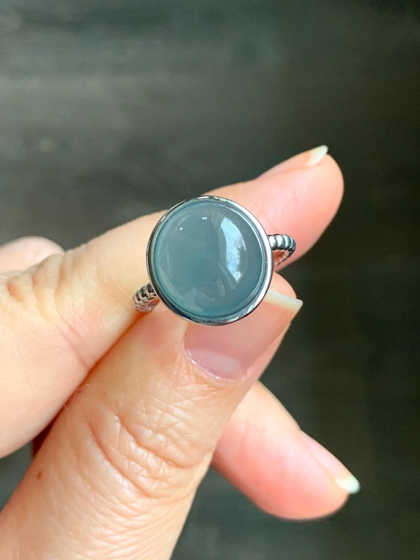 Certified Natural Guatemalan Icy Highly Translucent Dark Dusty Blue Jadeite Large Oval Ring Sterling Silver size 7 4.25g 天然冰胶危蓝翡翠镶嵌戒指 7400