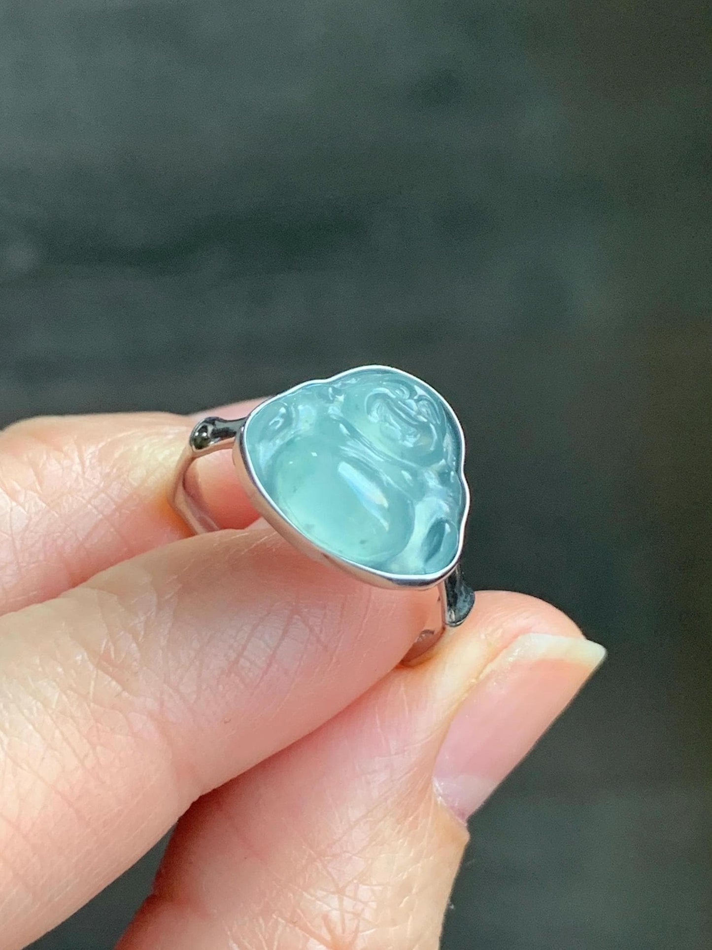Certified Natural Guatemalan Icy Highly Translucent Light Teal Blue Jadeite Buddha Bamboo Ring Sterling Silver Sz 7.25 天然冰危蓝起光翡翠佛公竹节款戒指 7402